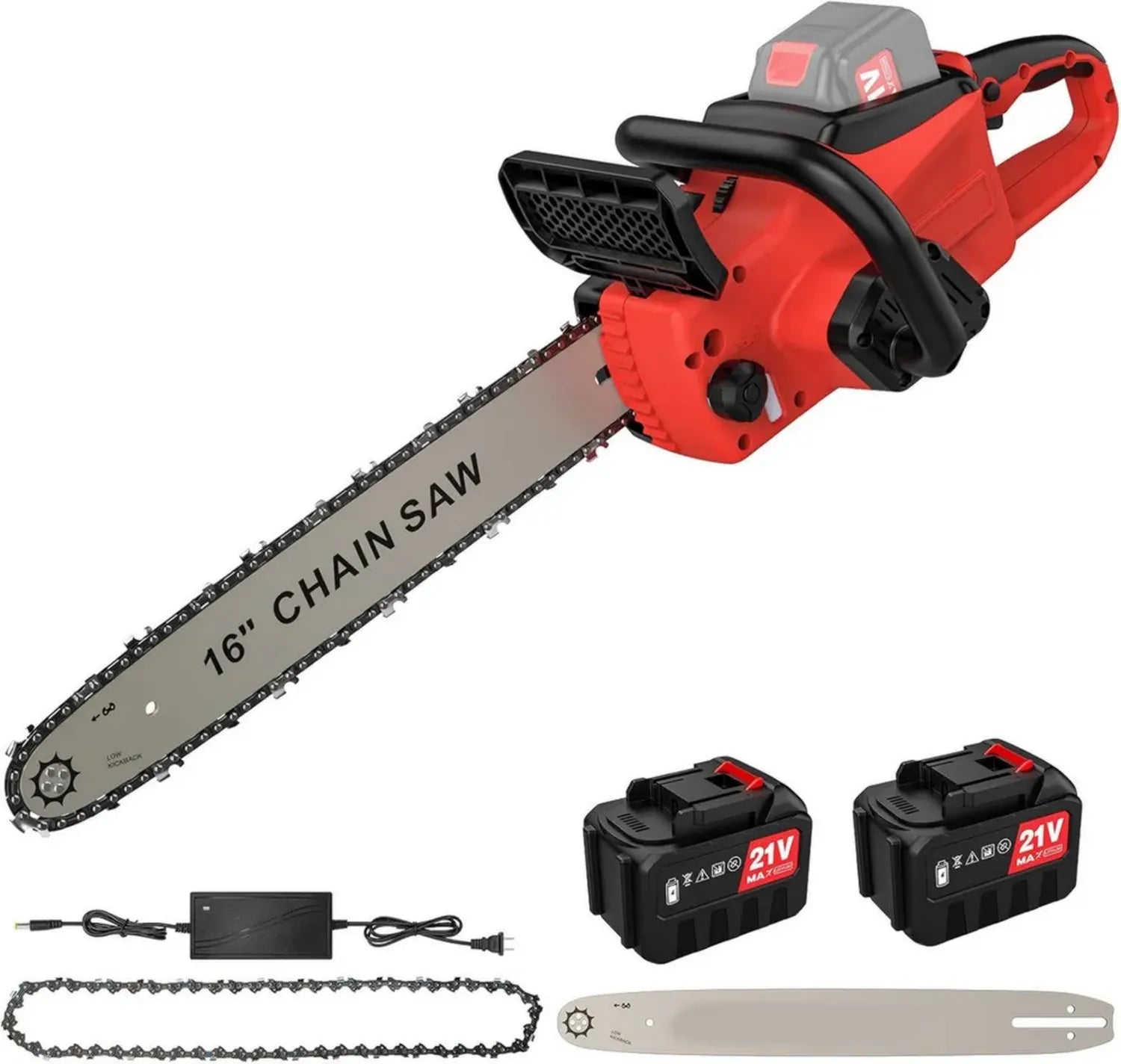 Tronçonneuse Électrique 21V Sans Fil, Moteur Brushless, Lubrification et Affûtage Automatiques, Guide 53cm, Pour Bûches et Branches, 2 Batteries Incluses