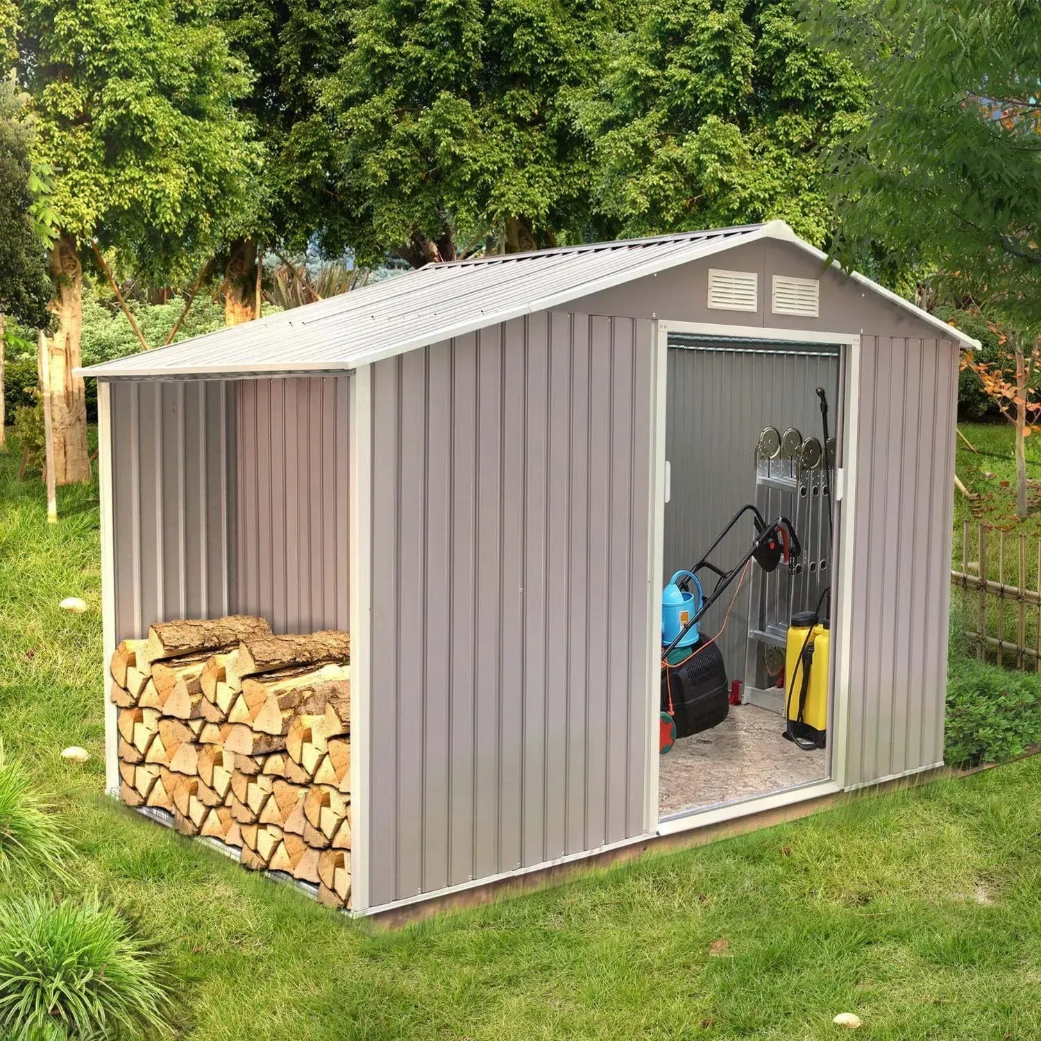 Abri de Jardin Métallique Ventoux 6.53 m² avec Espace Rangement et Abri Bûches
