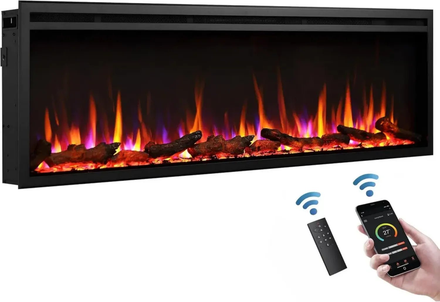 BALDERIA Atalanta Cheminée électrique 60' - Foyer encastrable avec flammes 3D, chauffage LED, télécommande, minuterie et thermostat - Noir