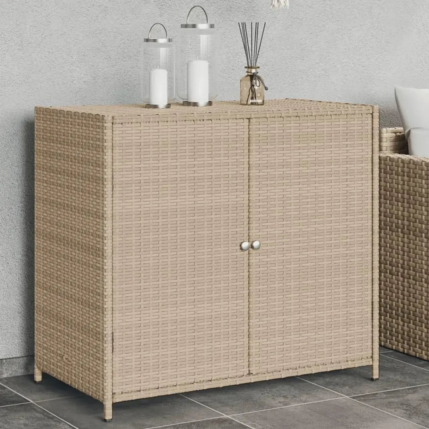 Armoire de Jardin en Résine Tressée Beige 83x45x76 cm, Rangement Extérieur Idéal pour Outils et Terrasse