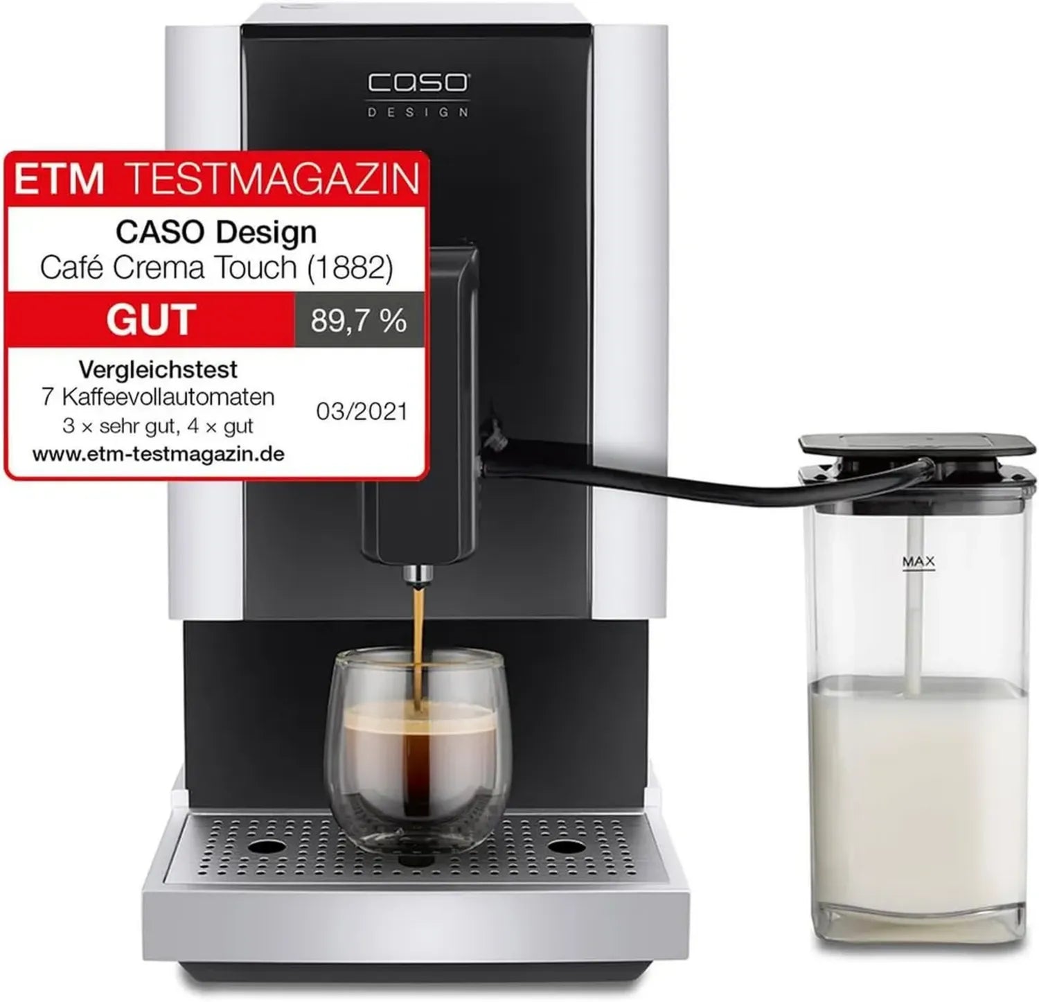 Machine à Café Automatique CASO Cafè Crema avec Système de Lait, Broyeur Conique Ajustable, Spécialités de Café à Toucher, Noir et Acier