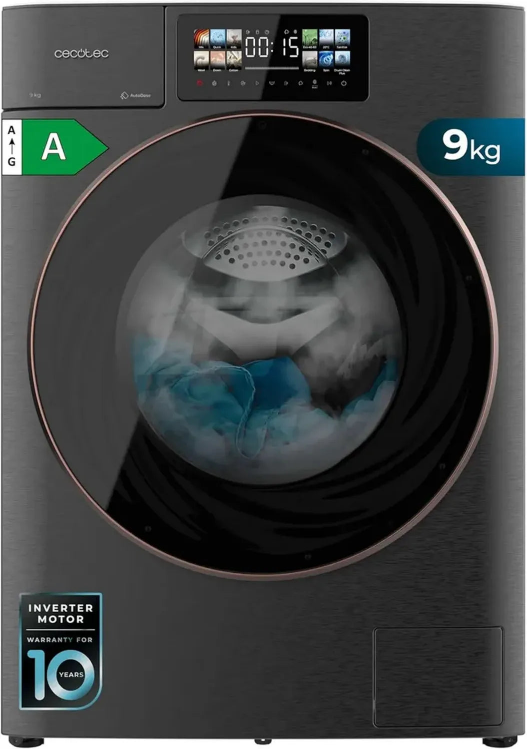 Cecotec Machine à Laver 9Kg Frontale Autodose Bolero DressCode 9950 Inverter 3D, Écran Core Matrix, Porte XXL