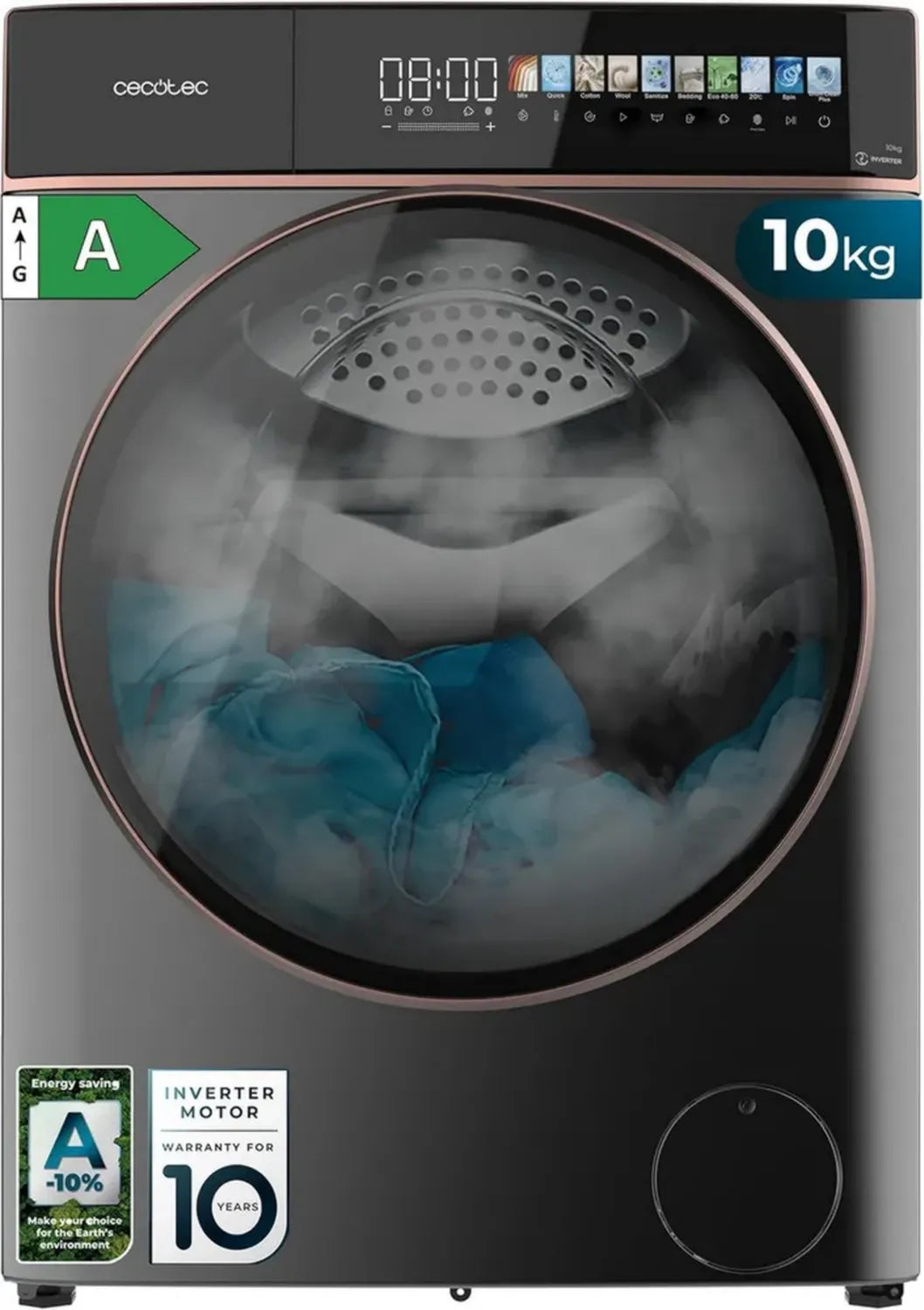 Cecotec Lave-linge Frontal 10 kg Inverter avec Écran Tactile, 1400 tr/min, Technologie SteamMax et Spa Care, Classe Énergétique A, 11 Programmes