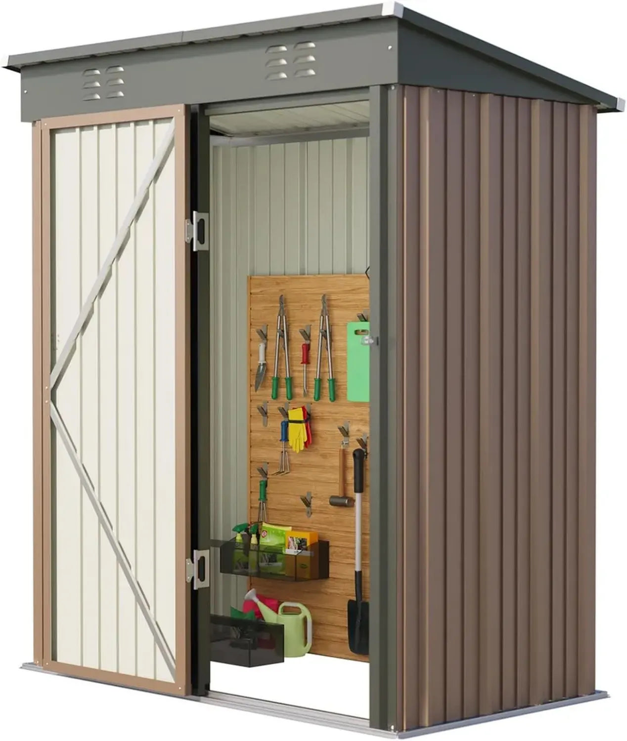 Cabane de Jardin en Métal avec Étagères Ajustables et Ventilation, Toit Incliné, Pour Terrasse et Cour, Acier Galvanisé, 180 x 162 x 95 cm, Marron
