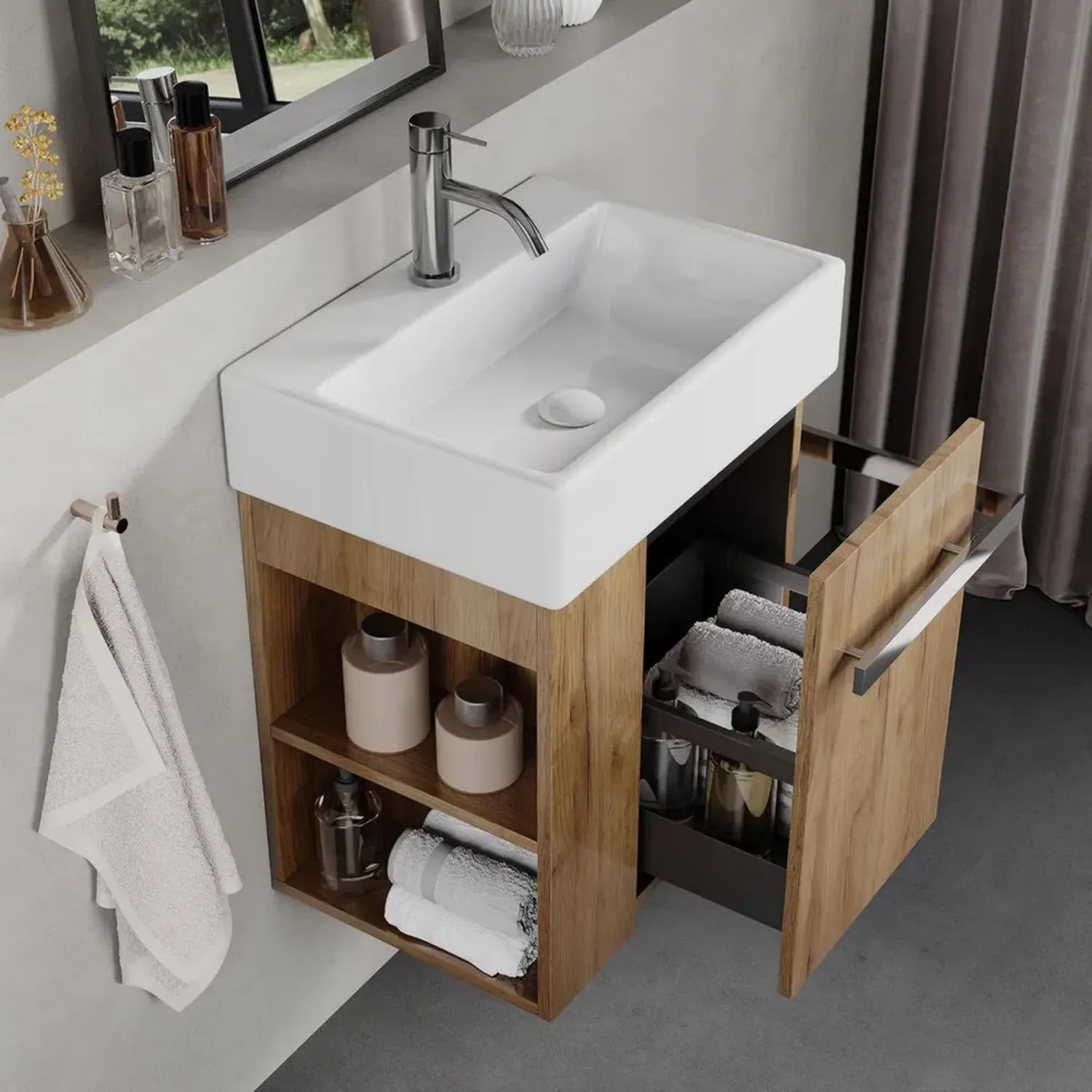 Ensemble de Salle de Bain 50 cm avec Vasque en Céramique, Tiroir à Fermeture Douce, Porte-Serviettes, Chêne Européen, Option Réversible