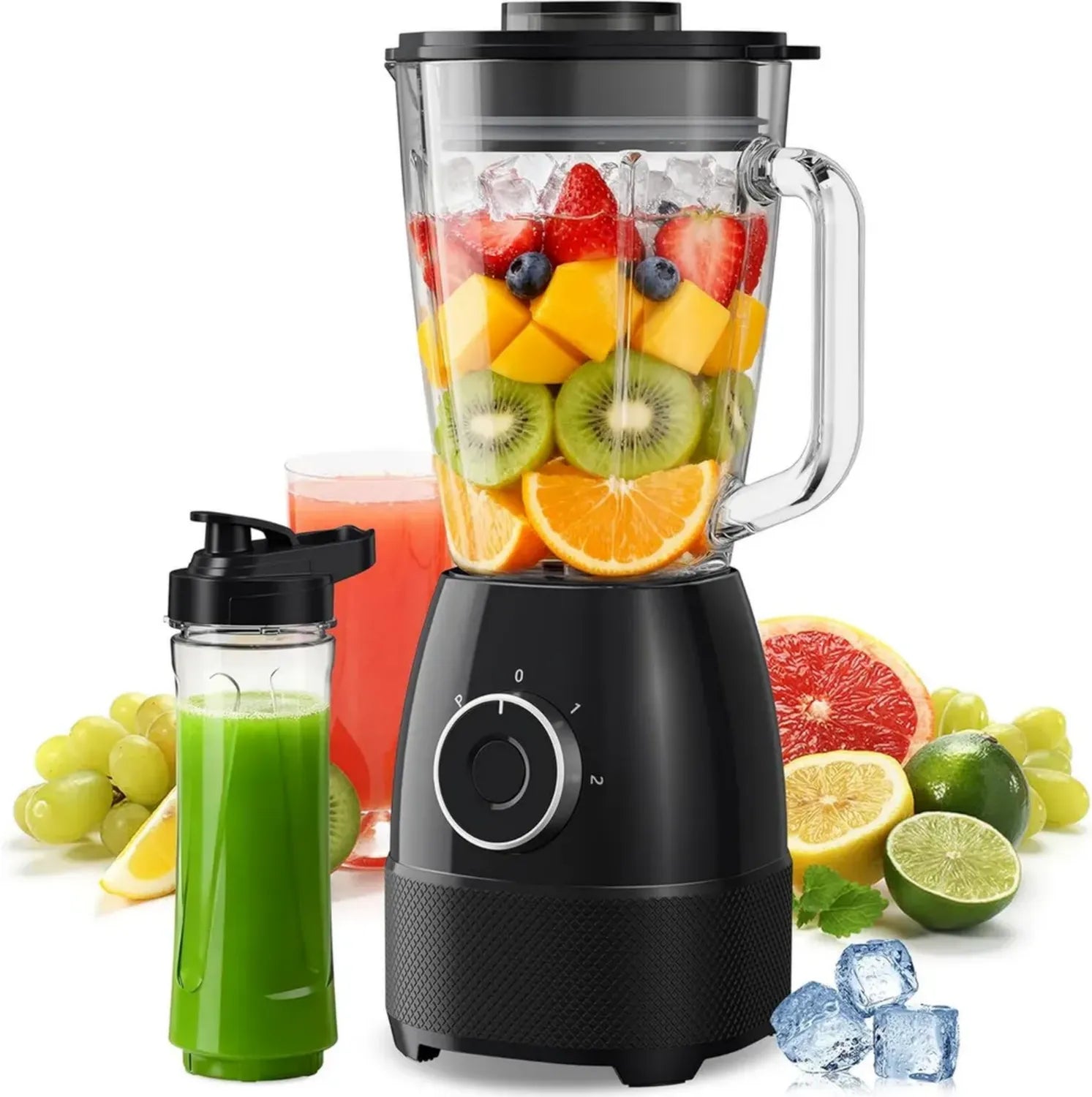 Mixeur Haute Performance 1500W, 24,000 RPM, Bol en Verre 1,5L, 6 Lames, Bouteille Sport 600ml