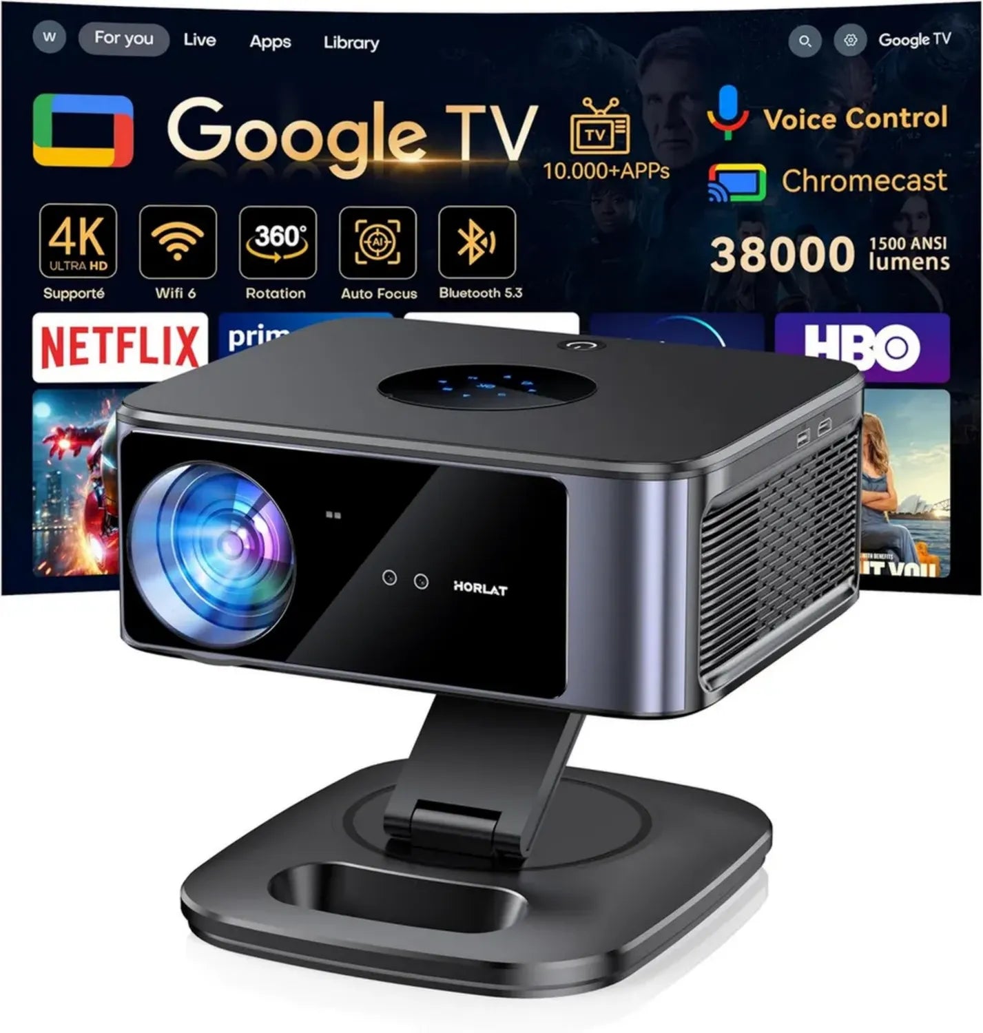 Projecteur 4K Ultra HD 1500 ANSI, Google TV, Autofocus, WiFi 6, Bluetooth 5.3, Commande Vocale, Rotation 360°, Cinéma Maison