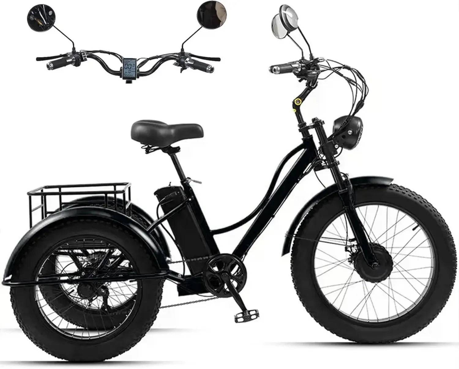 Tricycle électrique adulte 7 vitesses avec pneus larges, batterie 48V 18Ah, écran LCD et grand panier, idéal pour trajets quotidiens