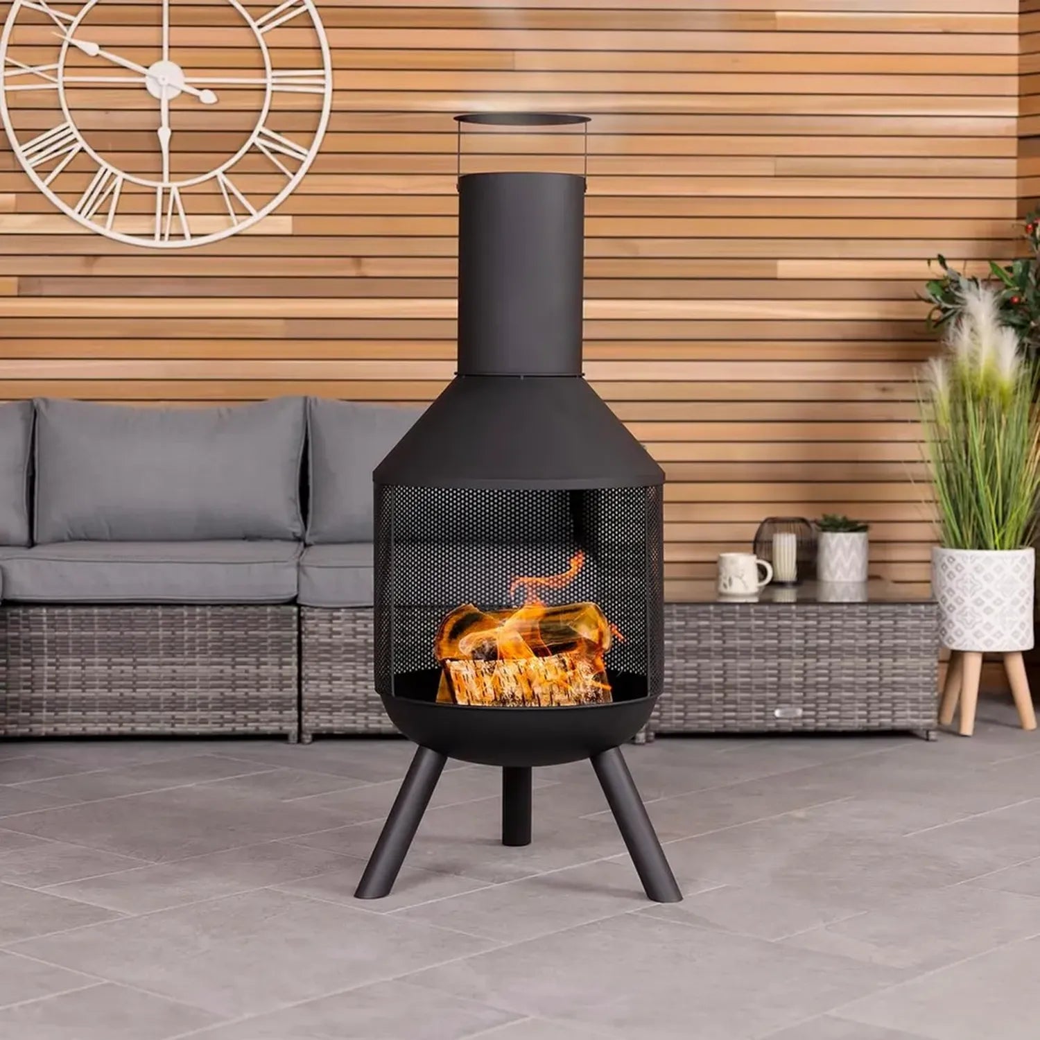 Chauffage Extérieur Rond Charles Bentley 44.5cm - Acier Noir Anti-Rouille, Brûleur Bois/Charbon, Chaleur 360°