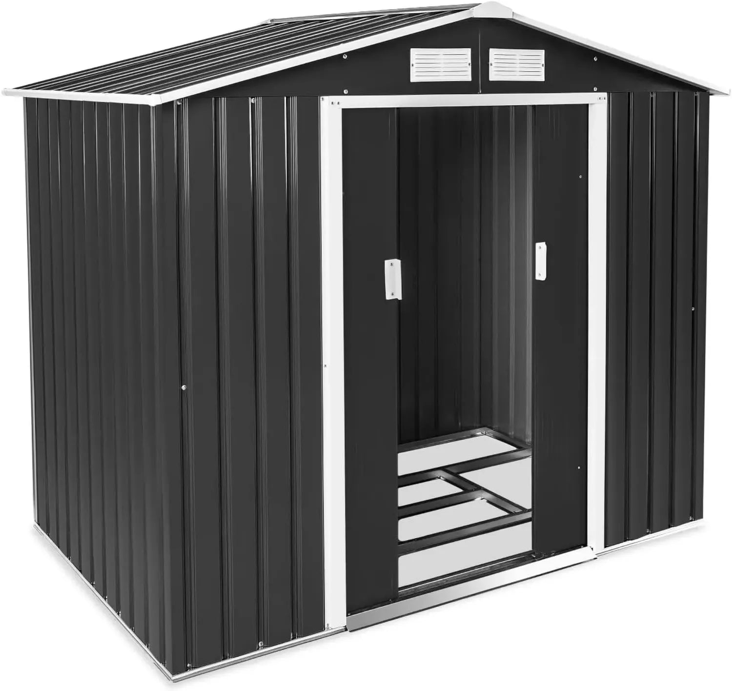 Abri de Jardin en Métal avec Double Toit et Fondations, Idéal pour Rangement Extérieur