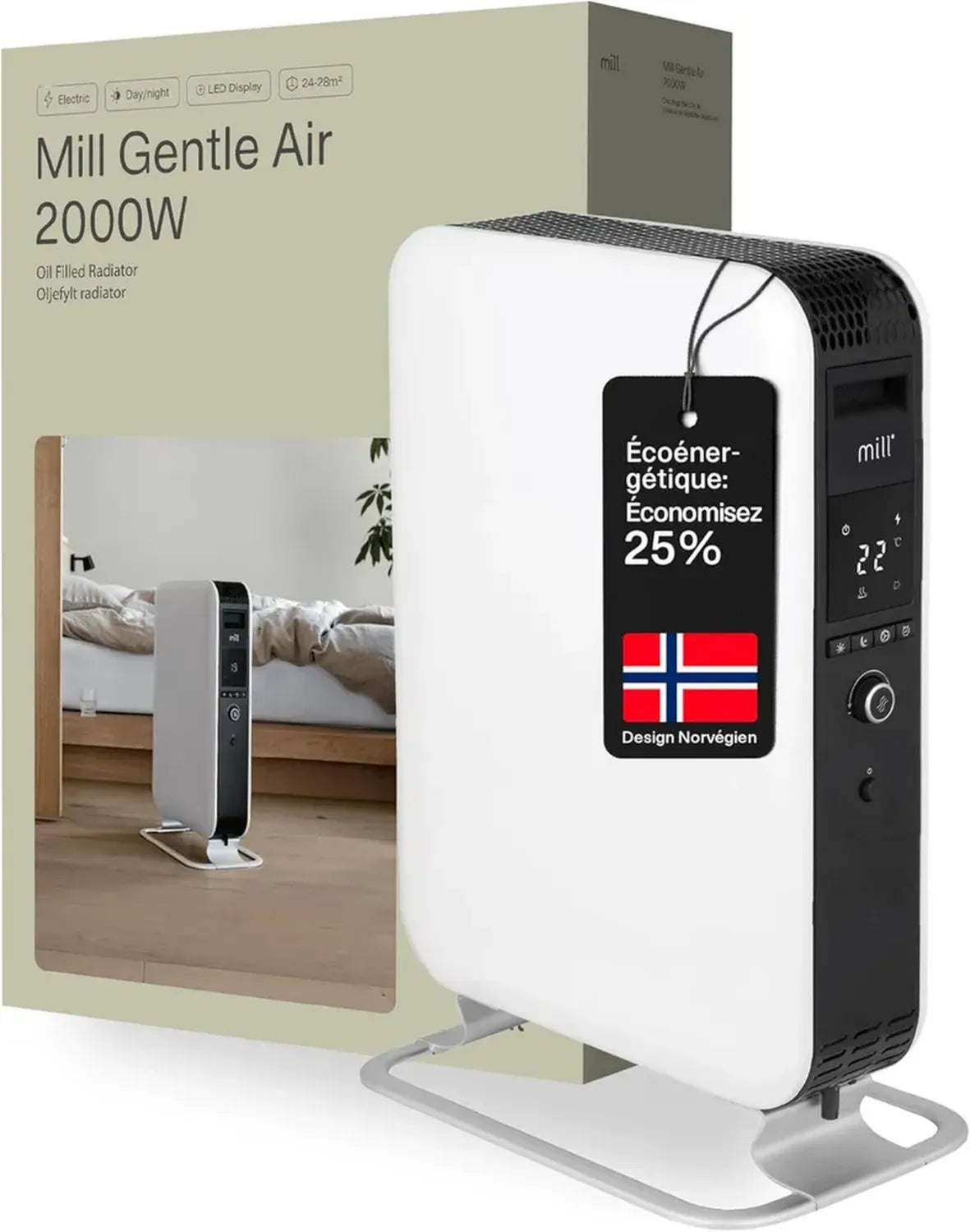 Radiateur à Bain d'Huile Mill 2000W, Chauffage Électrique Silencieux et Économique pour 28m², Design Scandinave Sécurisé, Mode Jour & Nuit, Élégant et Moderne