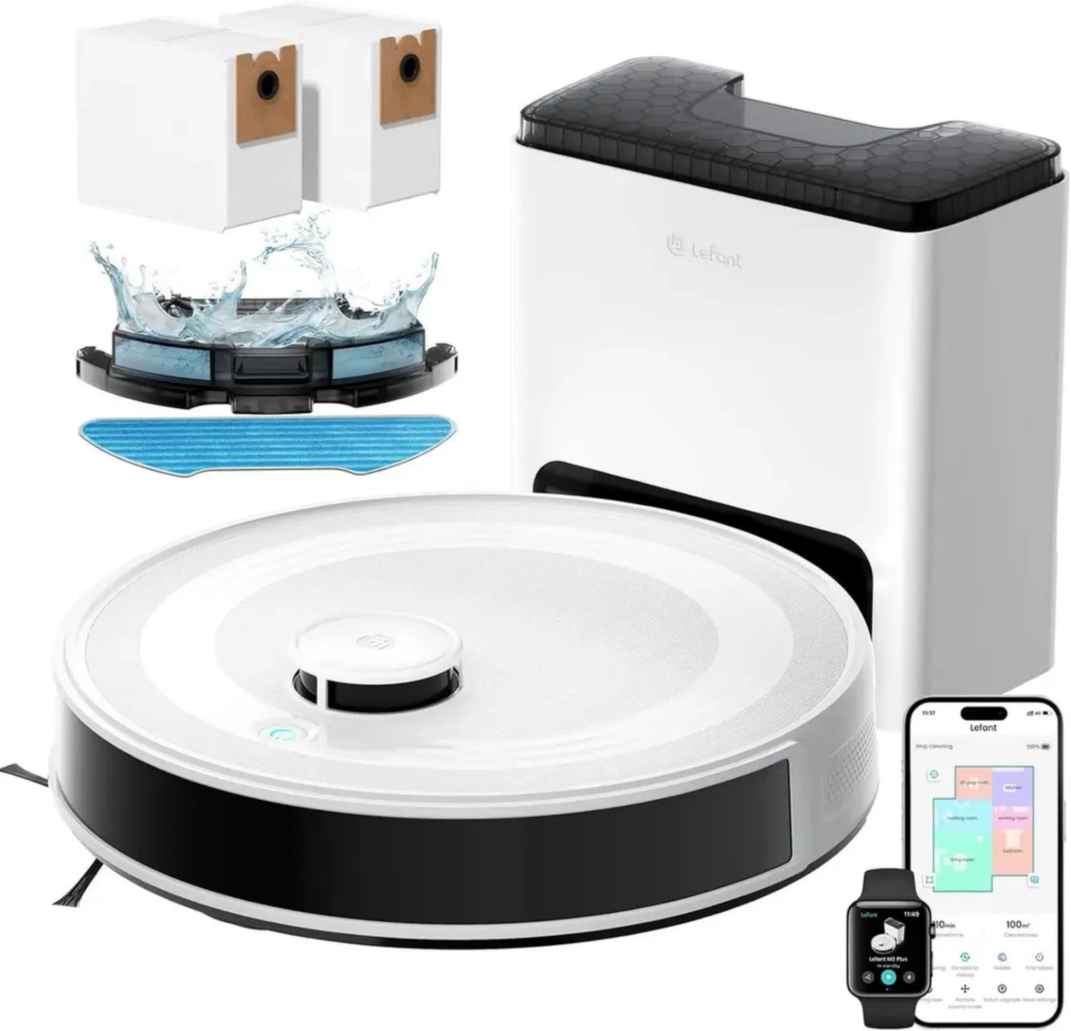 Aspirateur Robot Lefant M2 Plus 6000Pa avec Station Auto-Vidange, Navigation Laser Avancée, Évitement d'Obstacles IntelliSense, Parfait pour Animaux et Tapis, Compatible App/WiFi/Alexa, Blanc