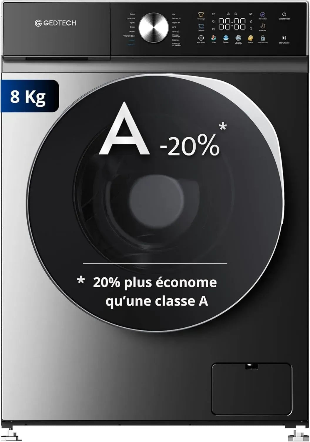 GEDTECH Lave-linge 8 Kg - 1400 tr/min - 16 programmes - Éco - Intensif - Rapide - Faible consommation - Écran LED couleur