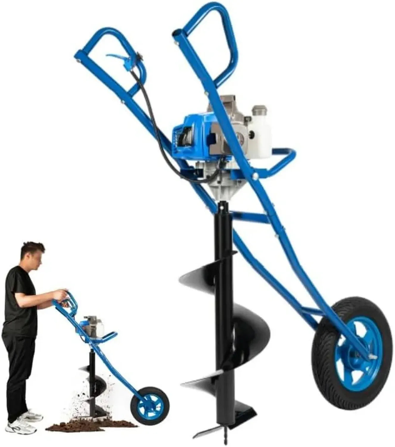 Tarière thermique 2 temps 63 cc, 2,2 kW, roues incluses, mèches 300 mm, poussée manuelle, réservoir 1,3 L, idéale pour clôtures