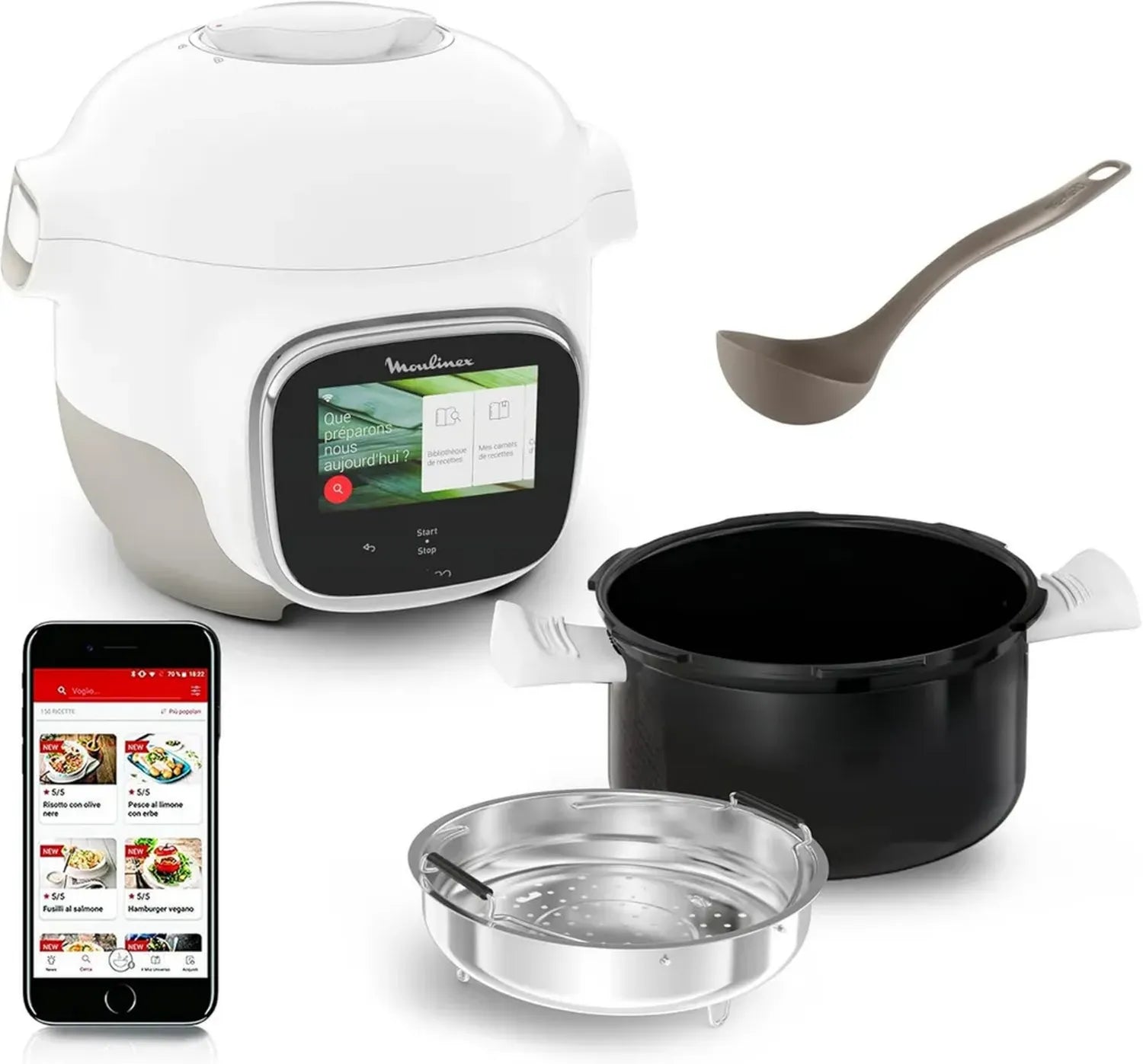 Moulinex Cuiseur Intelligent Wifi 3L, 100 Recettes, Écran Tactile, Blanc