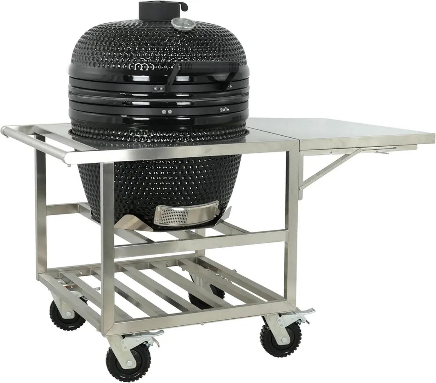 Grill Kamado en Céramique Noir avec Thermomètre et Table Pliable - Surface Ø57 cm