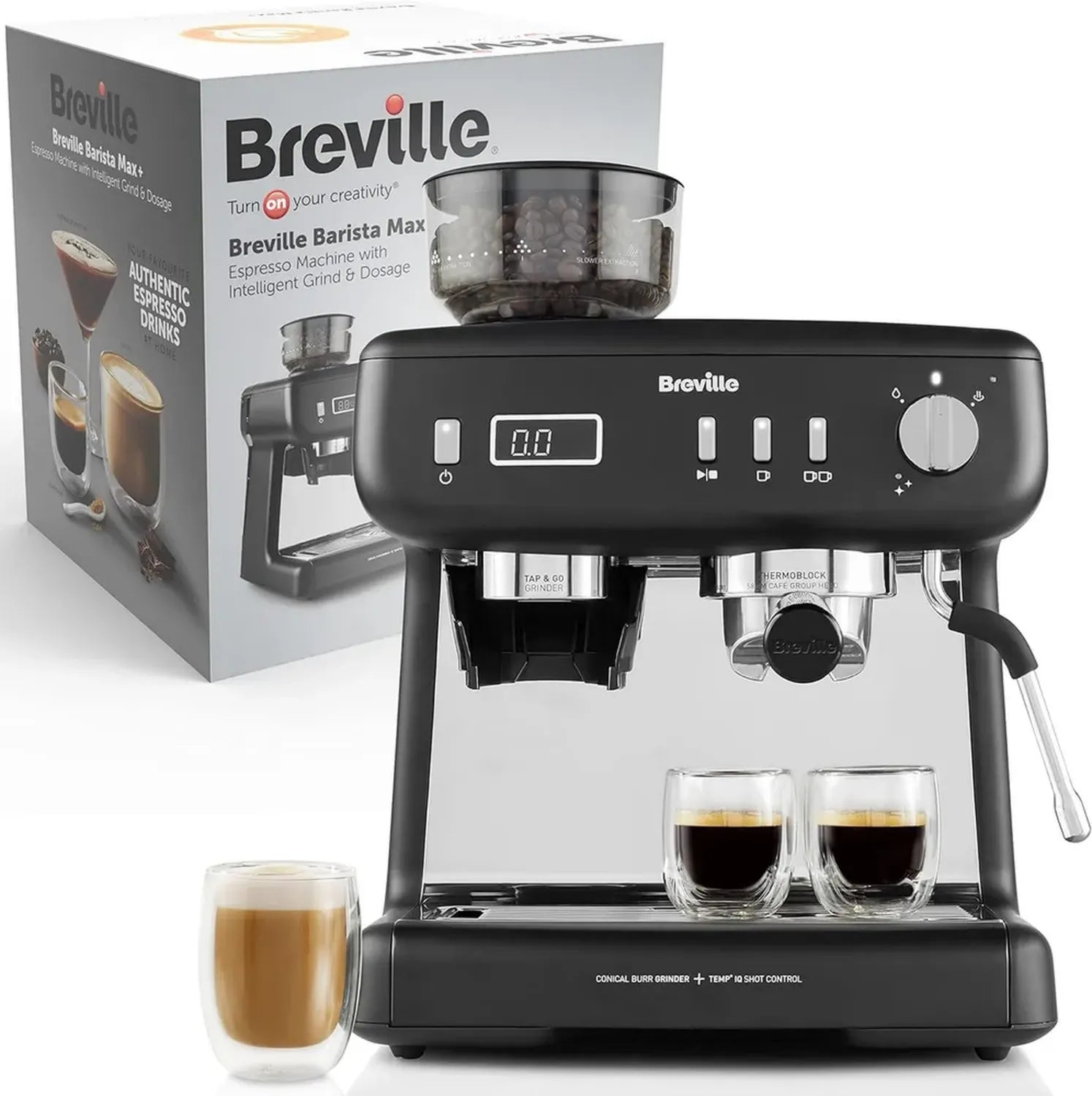 Machine à Espresso Breville Barista Max+ avec Mouture Intelligente, Minuteur Précis et Mousseur de Lait, Pompe 15 Bars, Noir