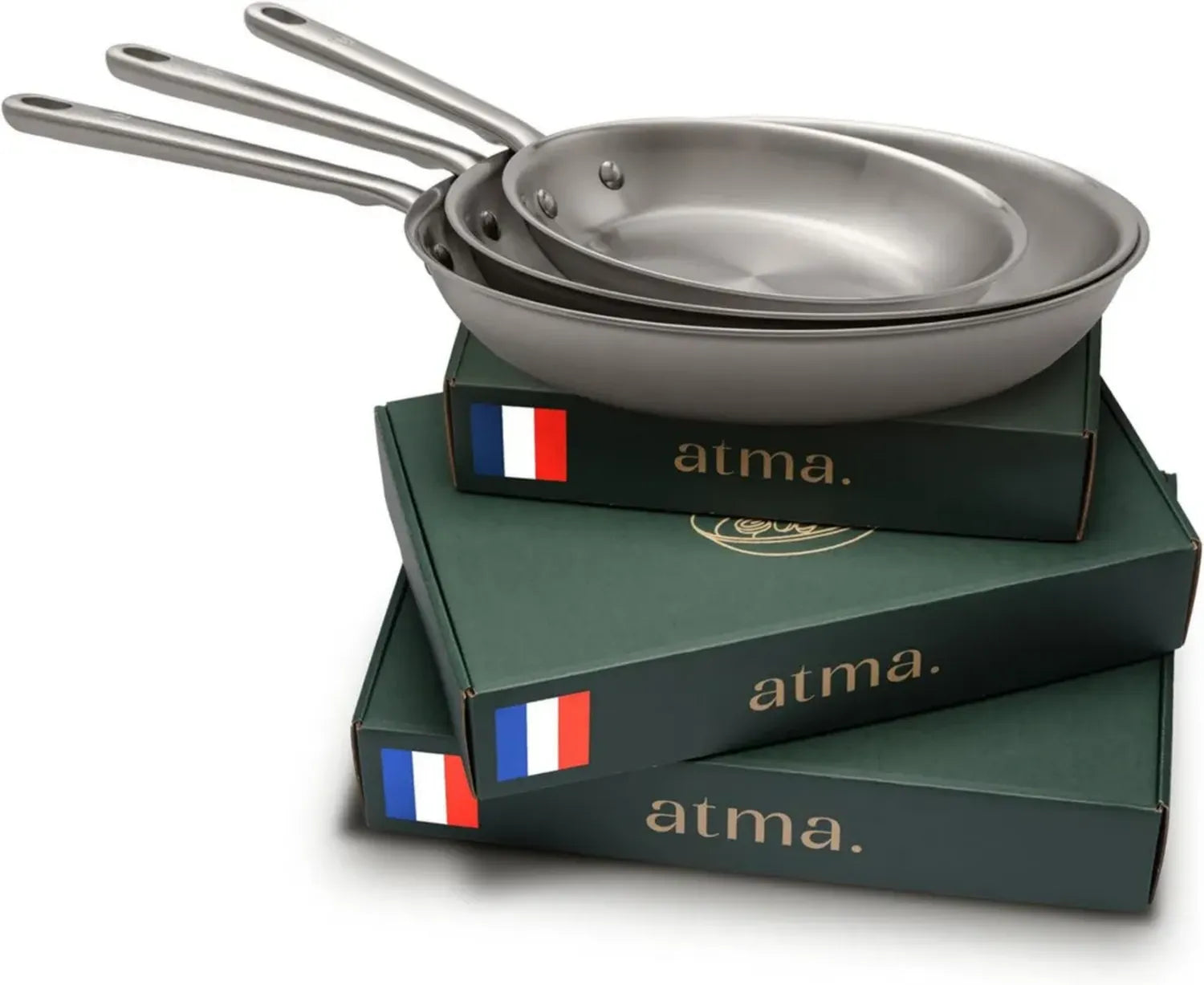 Atma Lot de 3 Poêles en Acier Inoxydable - Compatible Induction et Four - 20, 26 et 28 cm avec Poignée Rivetée - Sans PFAS - Fabriqué en France