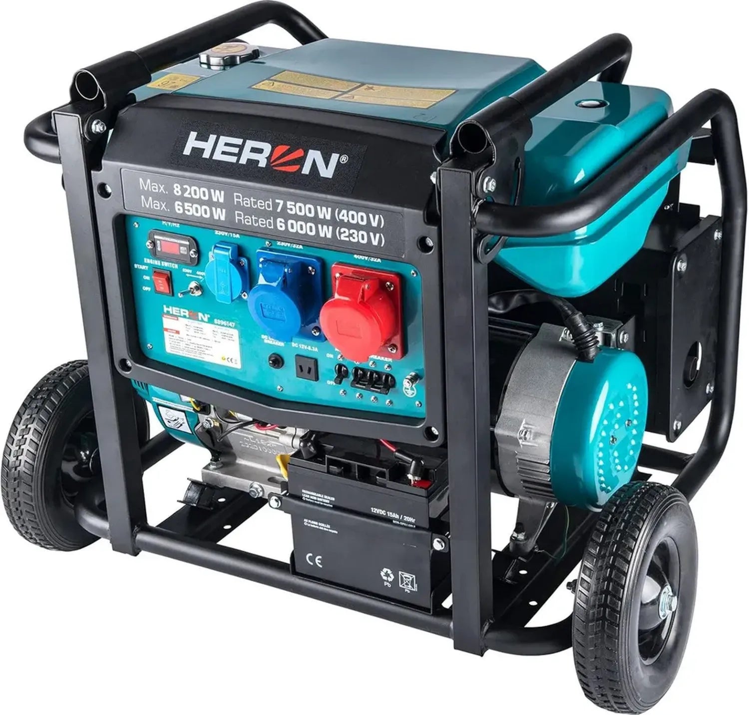 Générateur Électrique à Essence 17 CV - 8,2 kW Triphasé et 6,5 kW Monophasé avec Réservoir 28L et Démarrage Électrique
