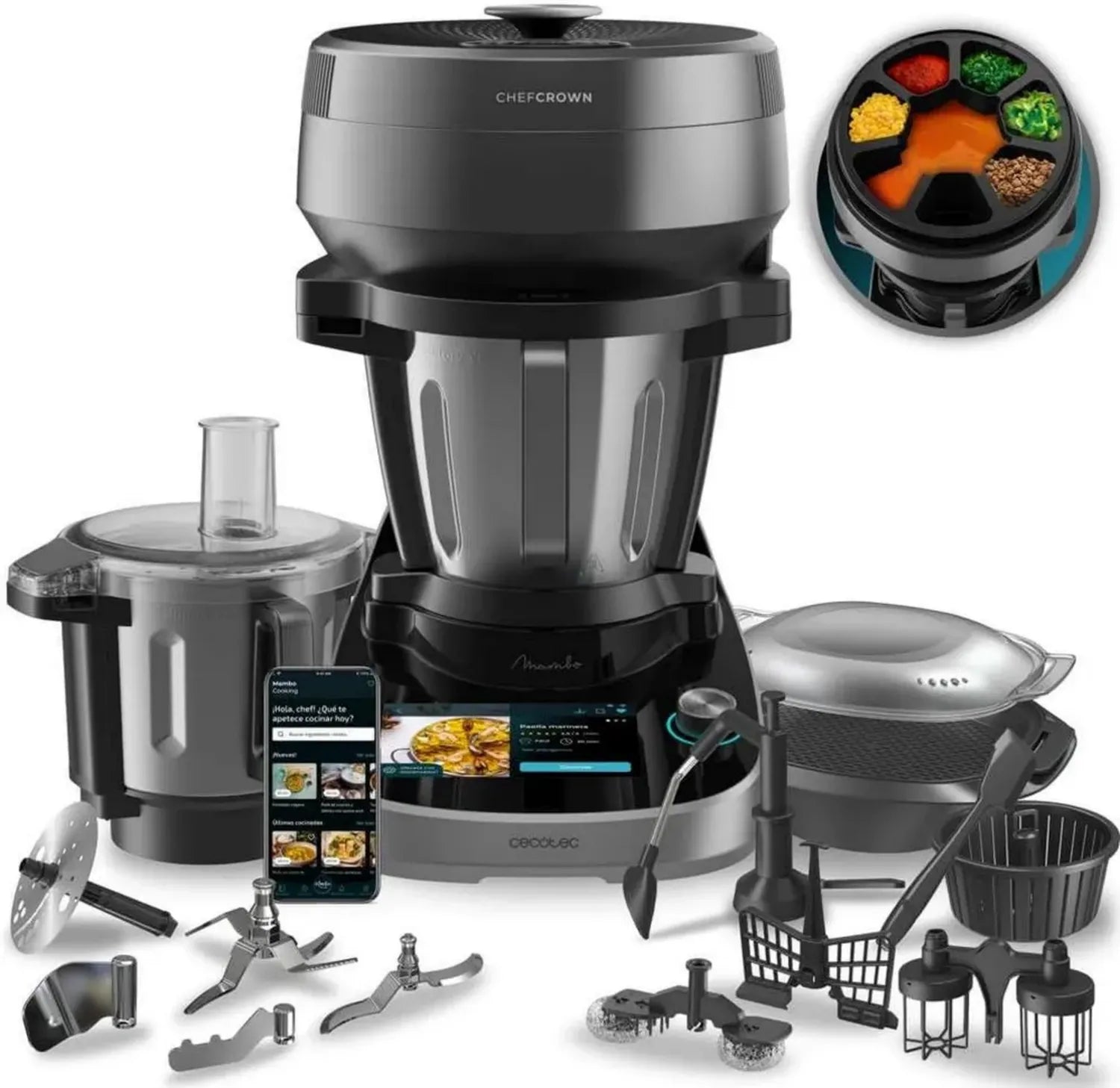 Robot Culinaire Multifonction Cecotec Mambo CooKing Total Gourmet 2200W, 45 Fonctions, Recettes Guidées, Bol Unique de 5L, Bol Victory 5L, Accessoires Inclus