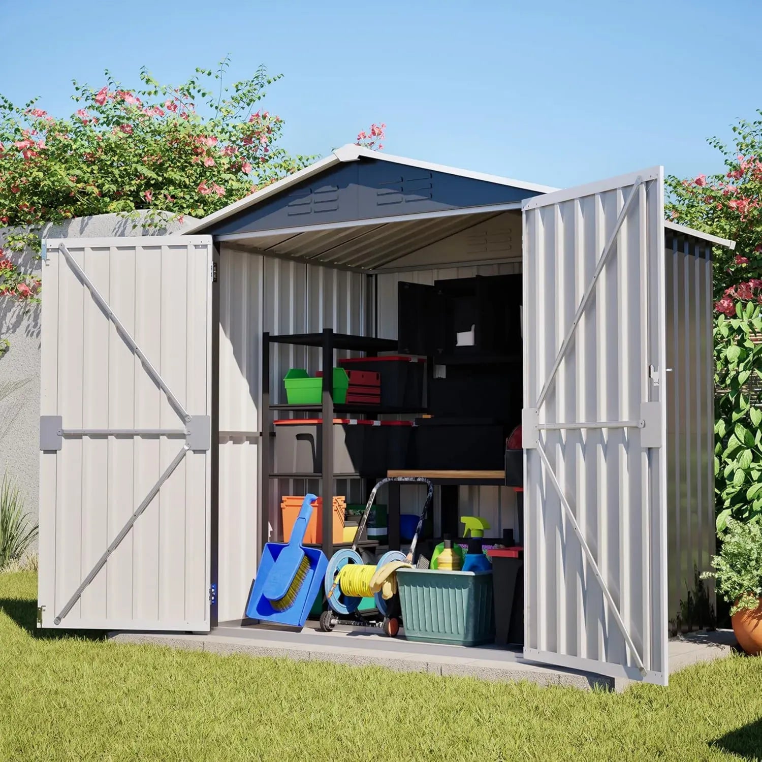 Cabanon de jardin métallique 185x142x185 cm - Porte pliante étanche - Rangement extérieur pour outils, gris