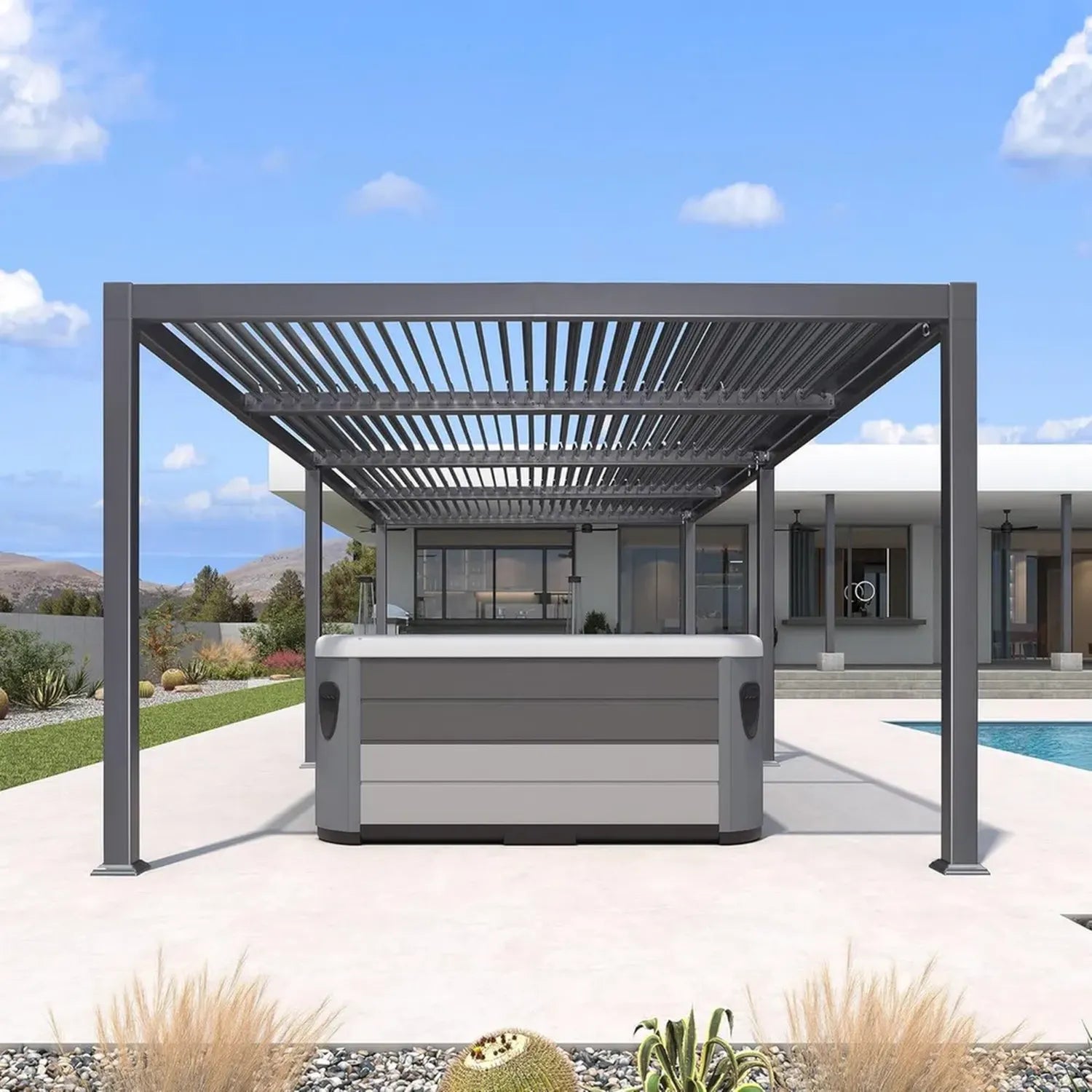 Pergola Bioclimatique Aluminium Gris 3,5 x 8,5 m - Lames Orientables et Imperméable