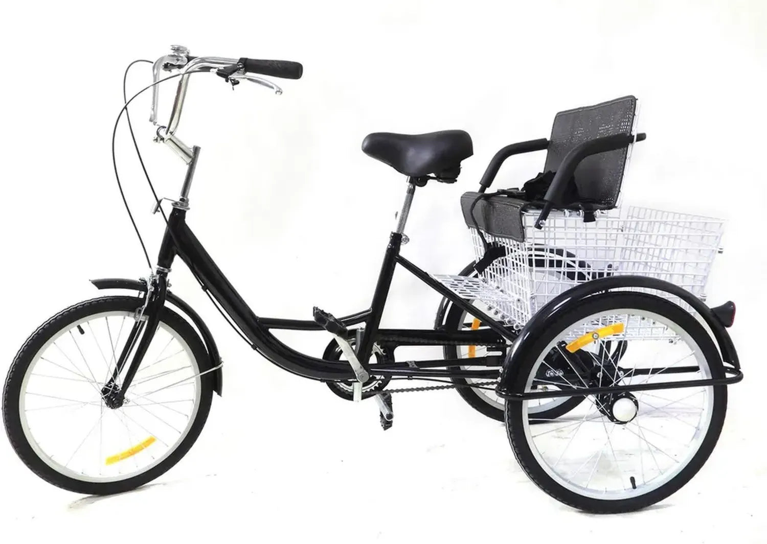 Tricycle adulte 20 pouces avec siège enfant, panier intégré, pédales antidérapantes, freins doubles et réflecteurs