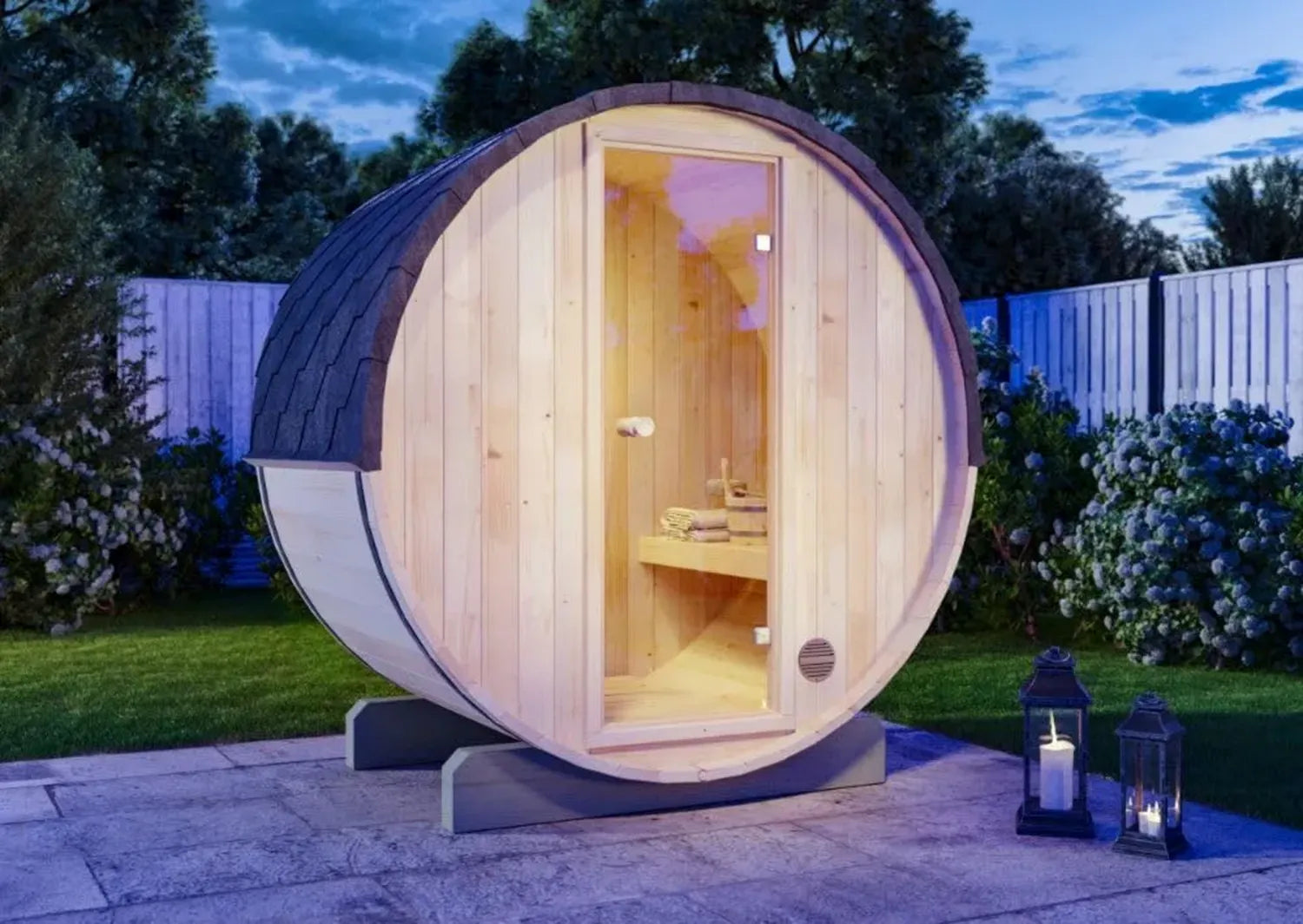Sauna Extérieur Baril Compact 194x130x194 cm avec Parois 42 mm et Porte en Verre pour 2-3 Personnes