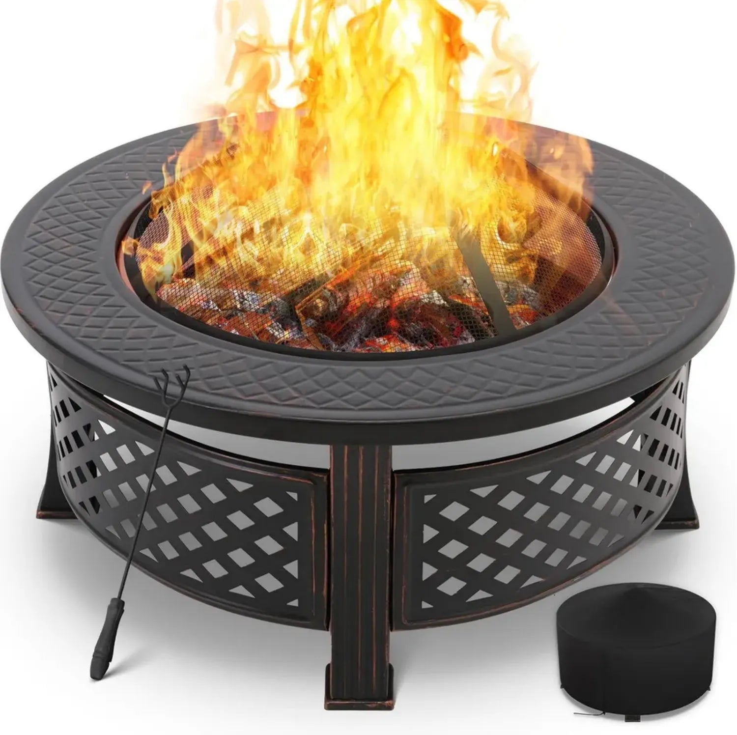 Braséro Extérieur 3 en 1 avec Housse, Cheminée de Jardin 80x80x54cm, Grille BBQ Galvanisée, Pare-étincelles et Accessoires