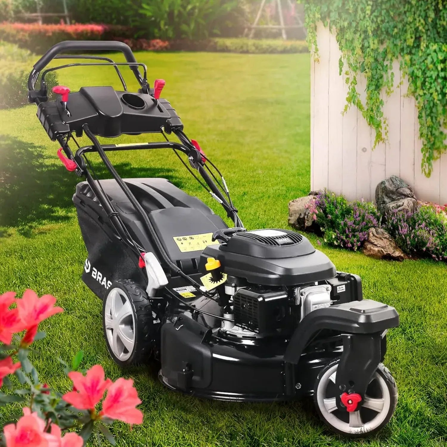 Tondeuse à gazon thermique BRAST 224cc 3 roues, démarrage électrique, 53cm, vitesse ajustable, coupe mulching 4 en 1, châssis acier, bac 60L