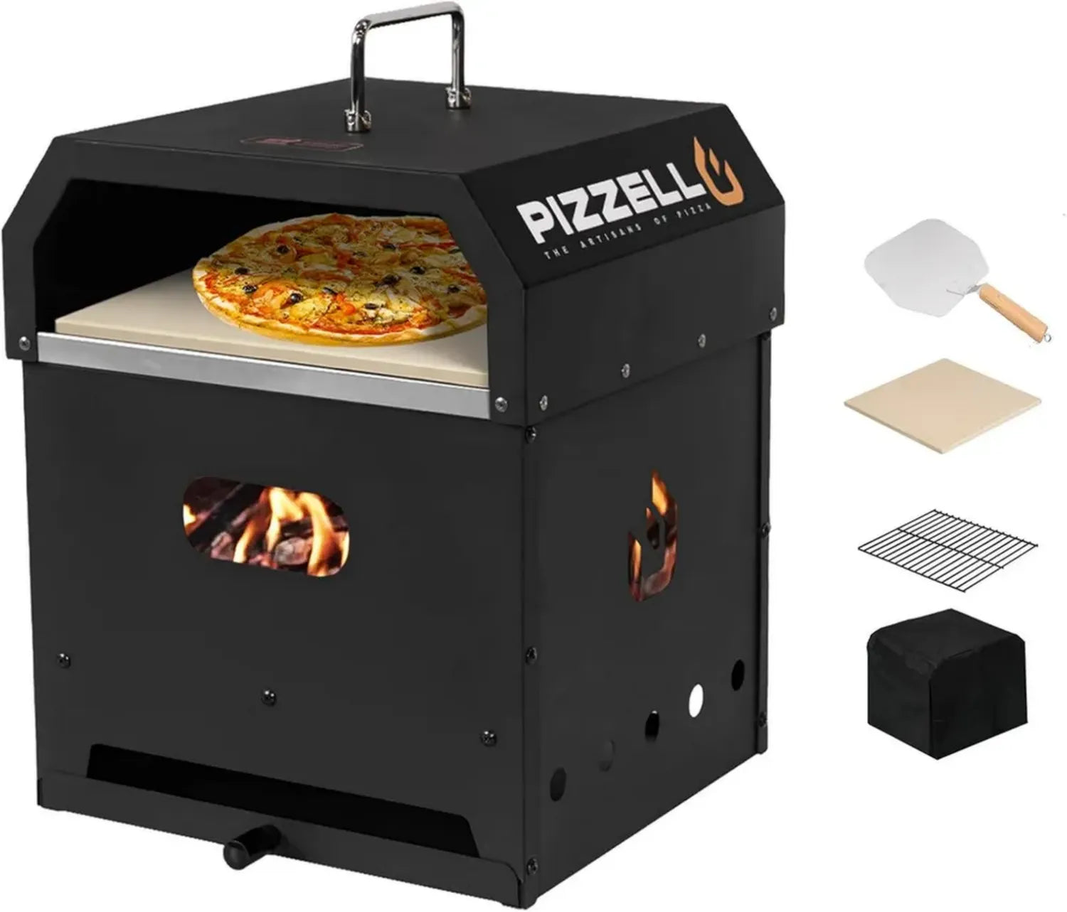 PIZZELLO Four à pizza extérieur 12' à granulés de bois avec accessoires - Noir