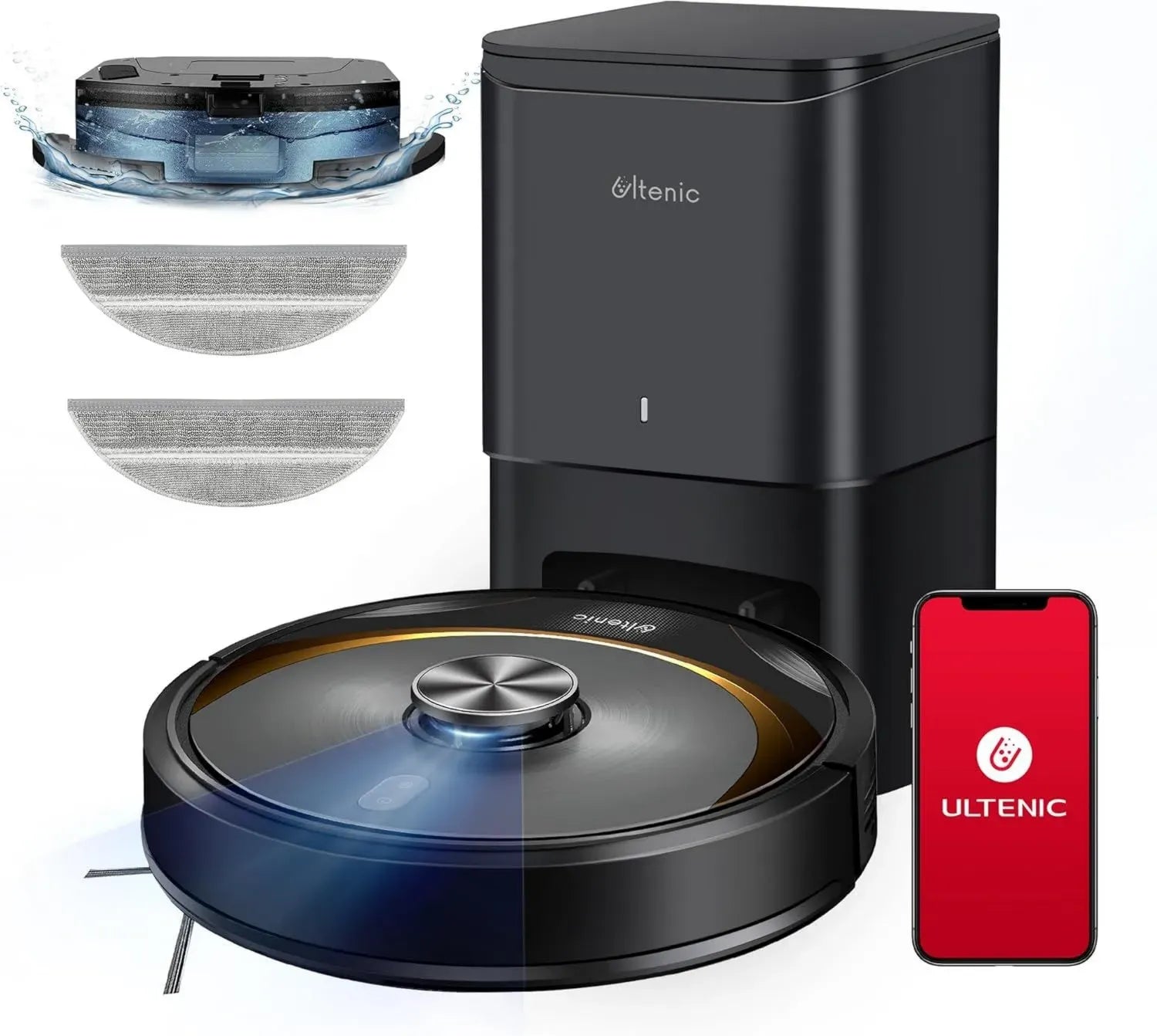 Aspirateur Robot Ultenic T10 Elite avec Auto-Vidage et Lidar, Compatible App et Alexa, Parfait pour Poils d'Animaux et Moquettes, Noir