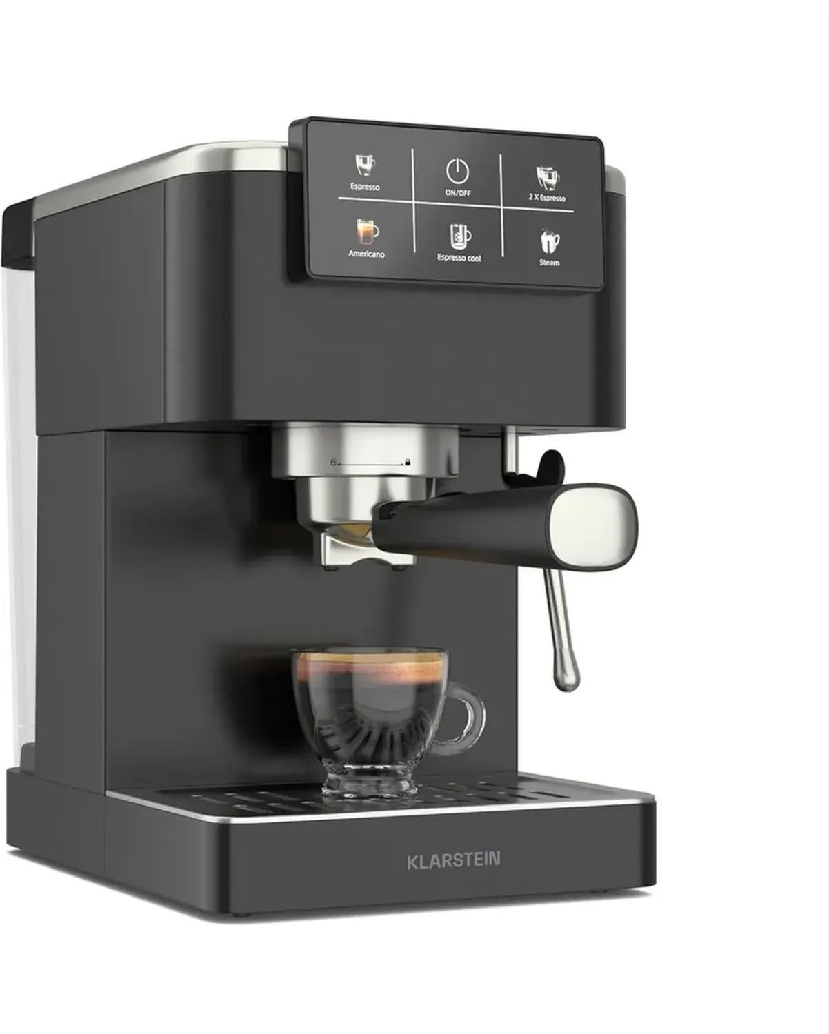 Machine à Café Klarstein SteelPresso, 20 Bars, Écran Tactile, 1350W, Mousseur Intégré, Réservoir 1.5L, Acier Inoxydable