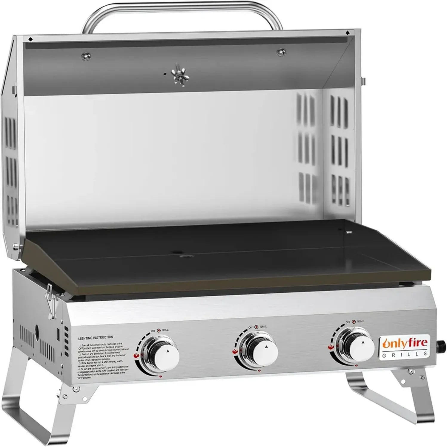 Plancha à Gaz Inox 3 Brûleurs 7kW avec Couvercle - Surface de Cuisson 57 x 36 cm - Parfait pour Terrasse, Balcon et Camping