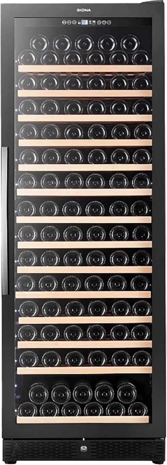 Cave à Vin GIONA Monotempérature 160 Bouteilles - 391L, Refroidissement Ventilé, 14 Clayettes en Bois, Porte Vitrée Réversible avec Serrure