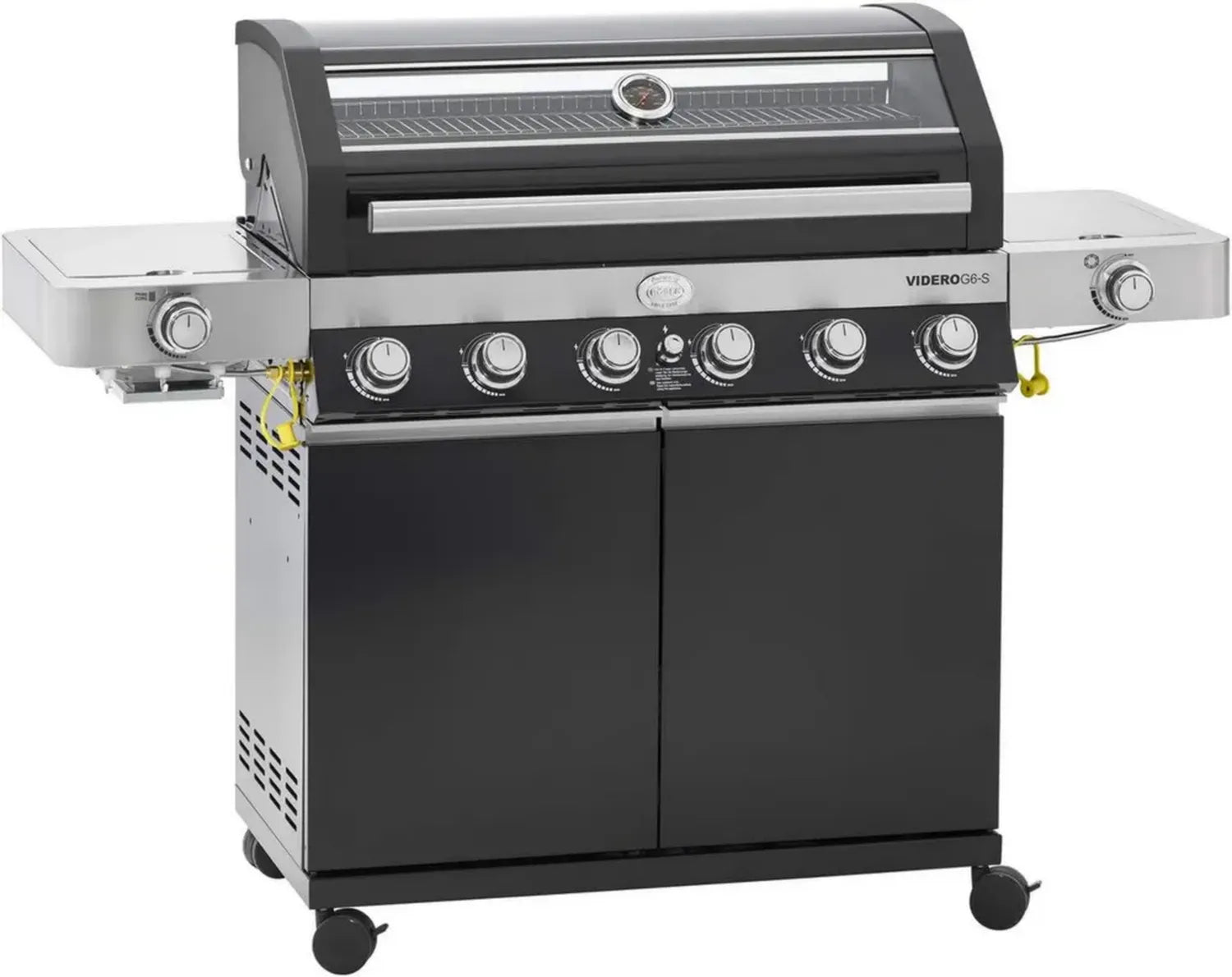 RÖSLE Barbecue à Gaz VIDERO G6-S, 6 Brûleurs Acier Inoxydable, Prime Zone, Brûleur Latéral, Tablettes Rabattables, VARIO+, Noir, 30 mbar