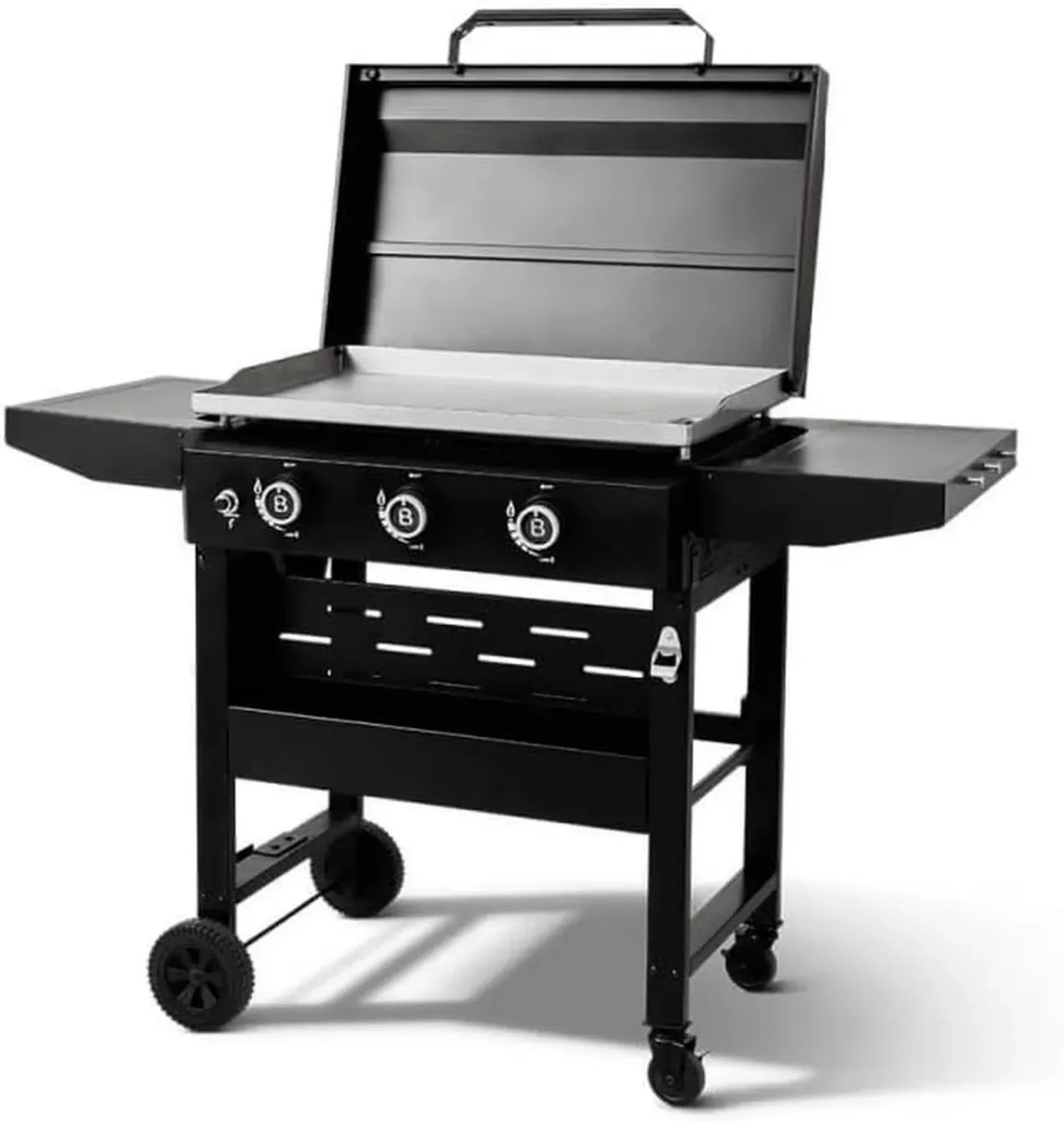 Barbecue à gaz Brasero sur chariot – 3 brûleurs 12 kW – Plaque en acier inoxydable 69,5 x 44 cm – Pour 12 personnes – Tablettes pliables, roues et couvercle