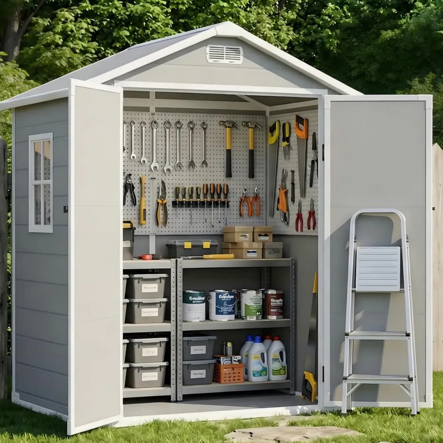 Abri de Jardin Résine Étanche avec Sol, Fenêtre, Porte Verrouillable et Aération, 201x171x129 cm – Idéal pour Outils et Vélos