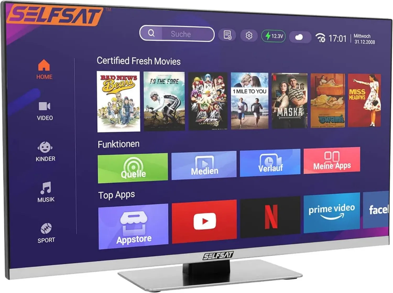 Téléviseur LED 24 pouces SELFSAT Smart sans cadre, Tuner DVB-S2/C/T2, Wi-Fi et Bluetooth intégrés