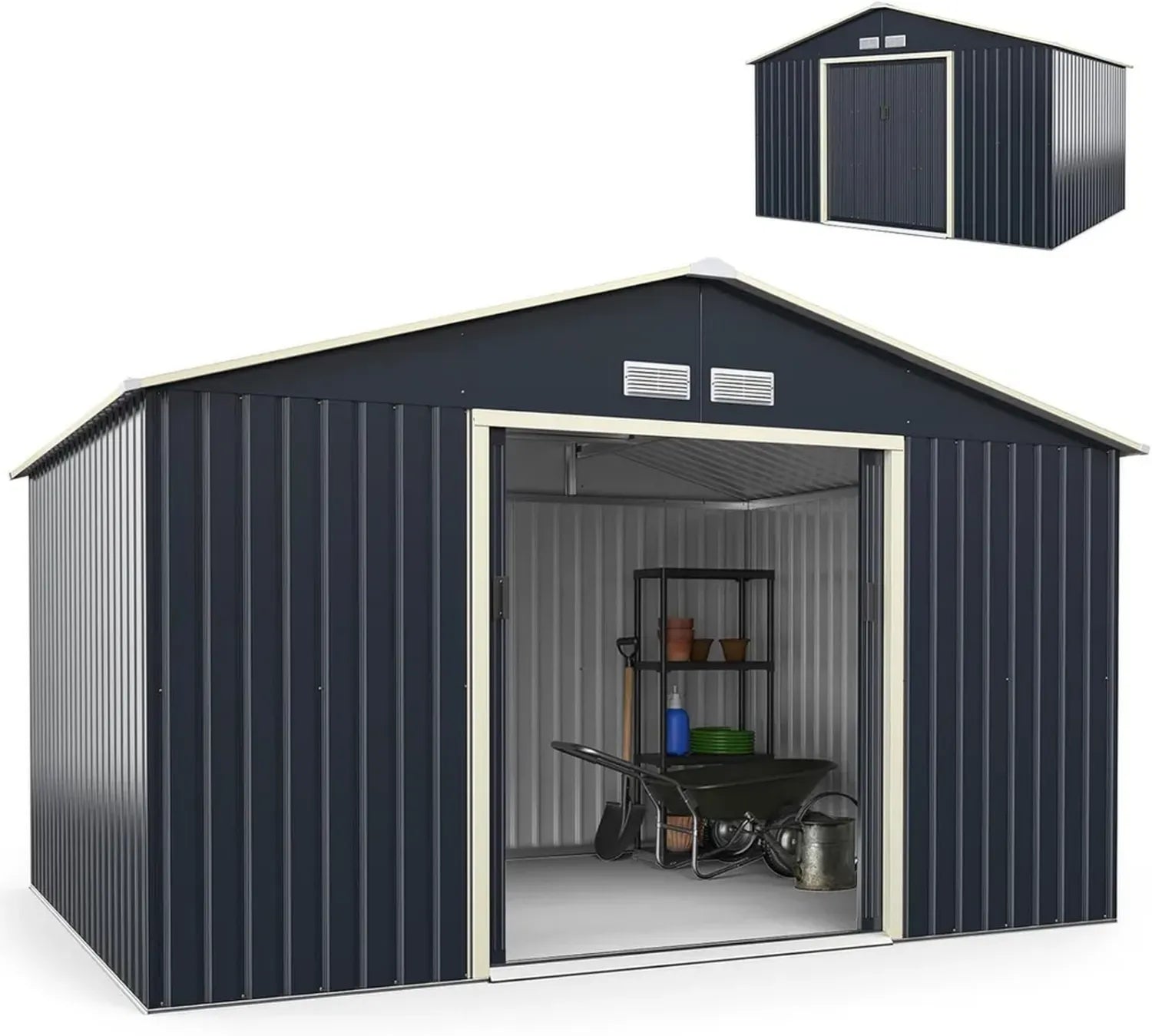 Abri de Jardin Métallique avec Portes Coulissantes Verrouillables et Trous d'Aération, Toit Incliné, Idéal pour Vélos et Poubelles, 340 x 255 x 210 cm, Gris