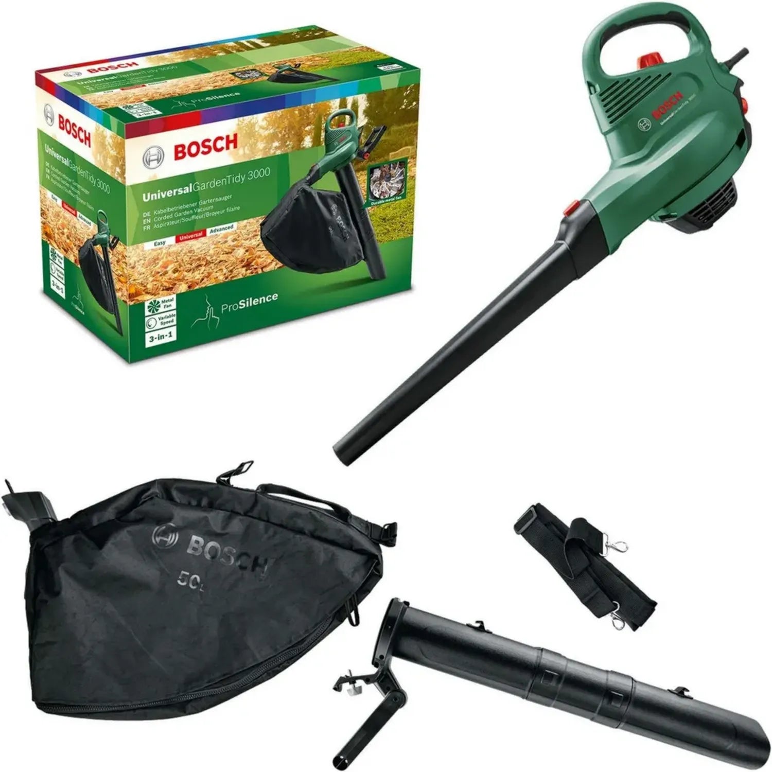 Bosch GardenTidy 3000 Souffleur Aspirateur Électrique Polyvalent 3000W, 50L, Vitesse Réglable
