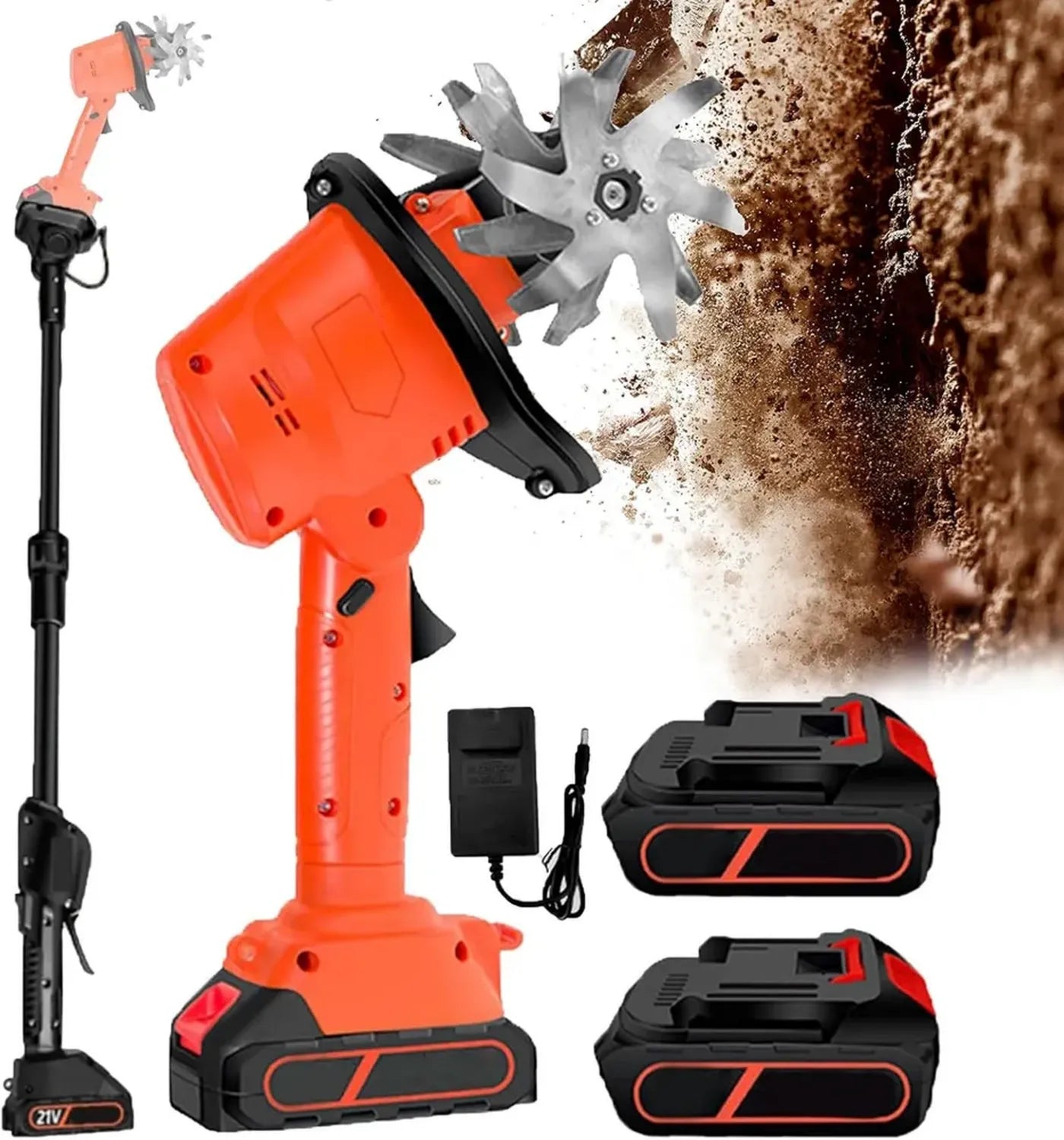 Motobineuse Électrique Sans Fil 21V avec Batteries, Profondeur 10cm, Largeur 10cm, Manche Long pour Jardin et Pelouse
