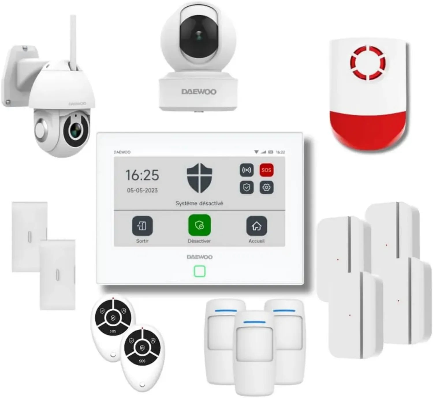 Système d'Alarme Intelligente Daewoo avec Écran Tactile 7'', WiFi/GSM, Sirène Extérieure, 12 Accessoires, 2 Caméras Full HD Rotatives