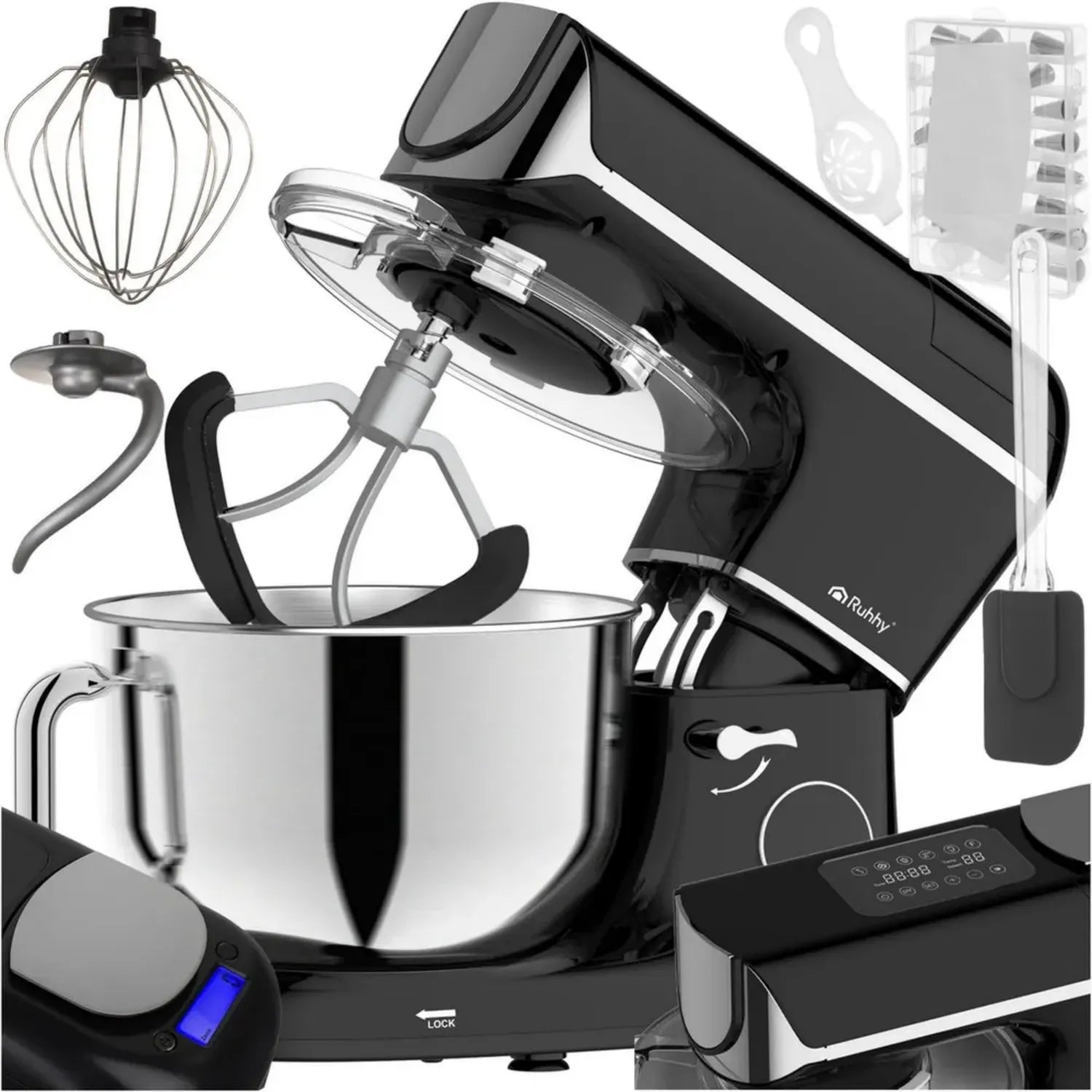 RUHHY Robot Pâtissier Chauffant 5,5L avec Balance et Écran LCD, 11 Vitesses Silencieuses, Préparation Pain, Pizza et Gâteau