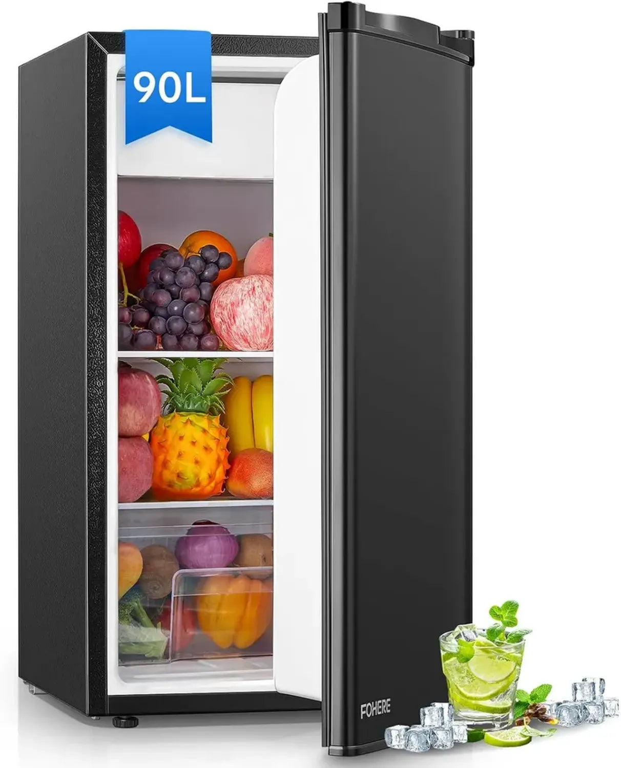 Mini Réfrigérateur 90L FOHERE, Température Réglable, Compact pour Chambre, Dortoir ou Bureau, Silencieux, Pose Libre, Noir