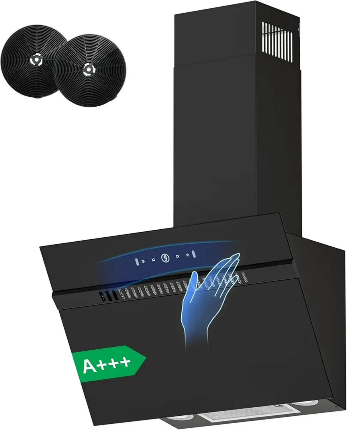 FIREGAS Hotte Murale Inclinée 60 cm, Efficacité A+++, Débit 684 m³/h, 9 Vitesses, Commande Tactile et Gestuelle, Noir