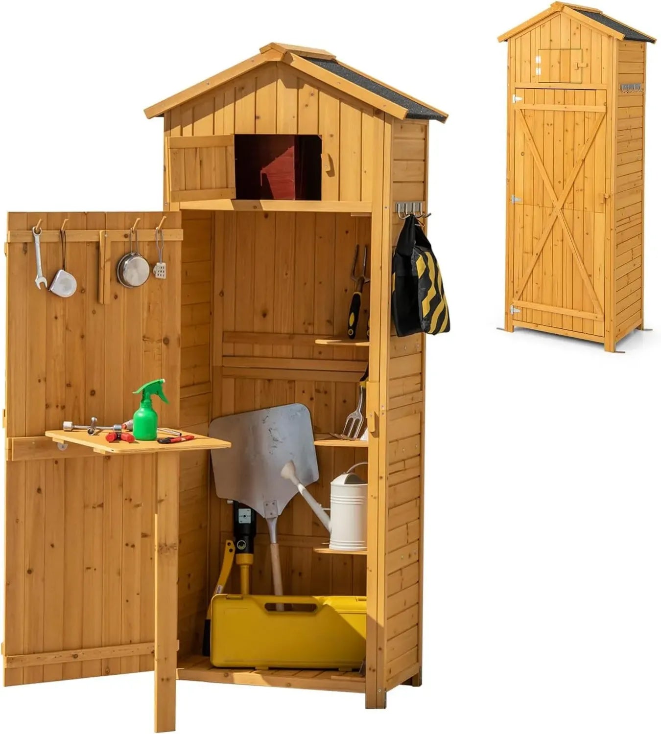Armoire de Jardin Pliable en Bois avec Crochets et Toit à Pignon