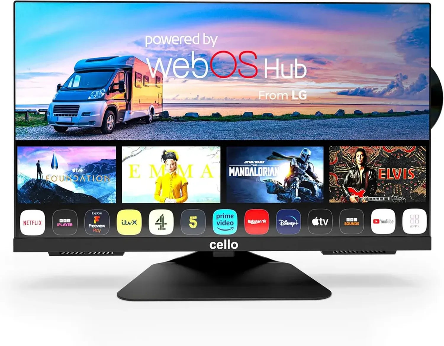 Téléviseur Intelligent 22' Cello Sans Cadre avec DVD Intégré, WebOS Ultra-Rapide, Son Clair, Bluetooth - Idéal pour Camping-Car